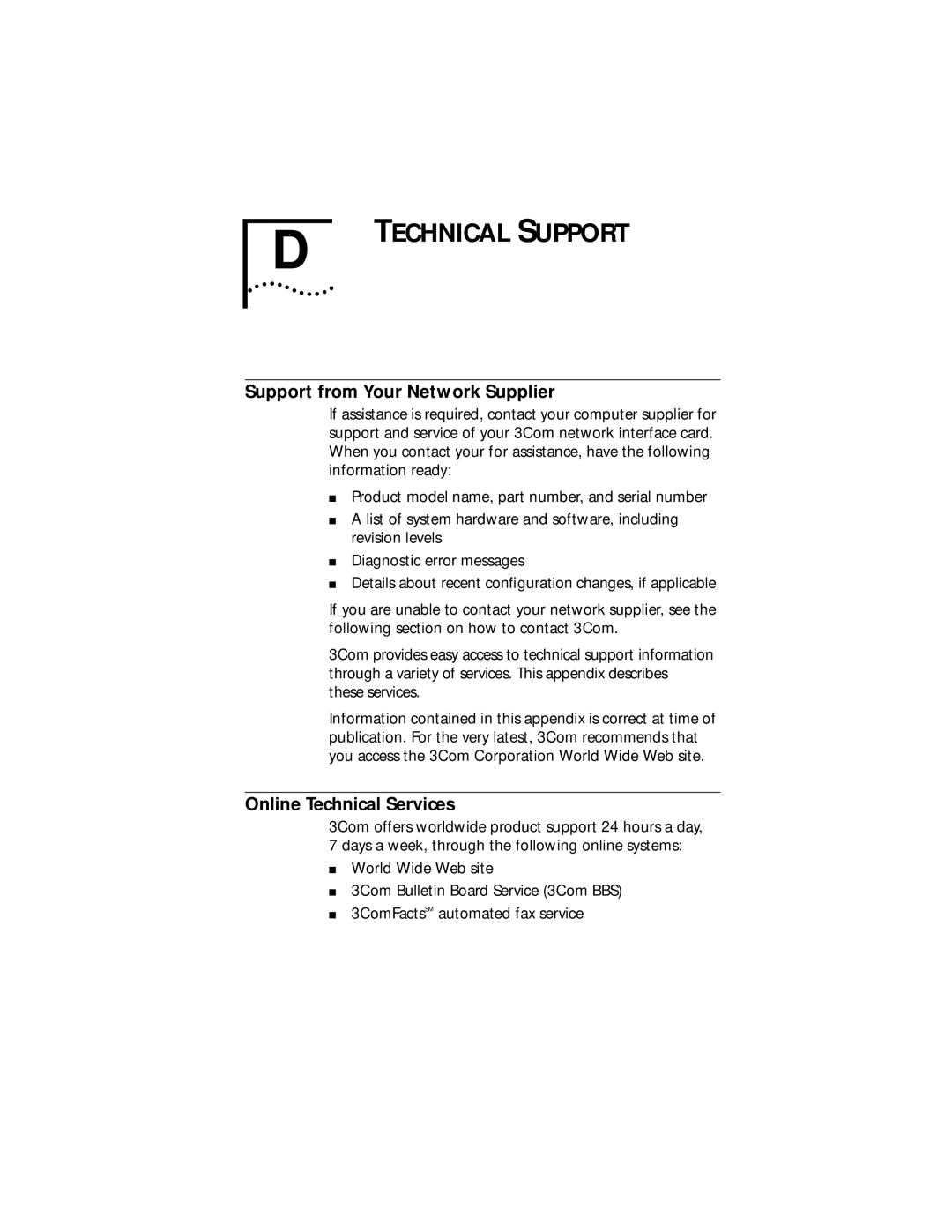 3Com XLPCI manual Support from Your Network Supplier, Online Technical Services 