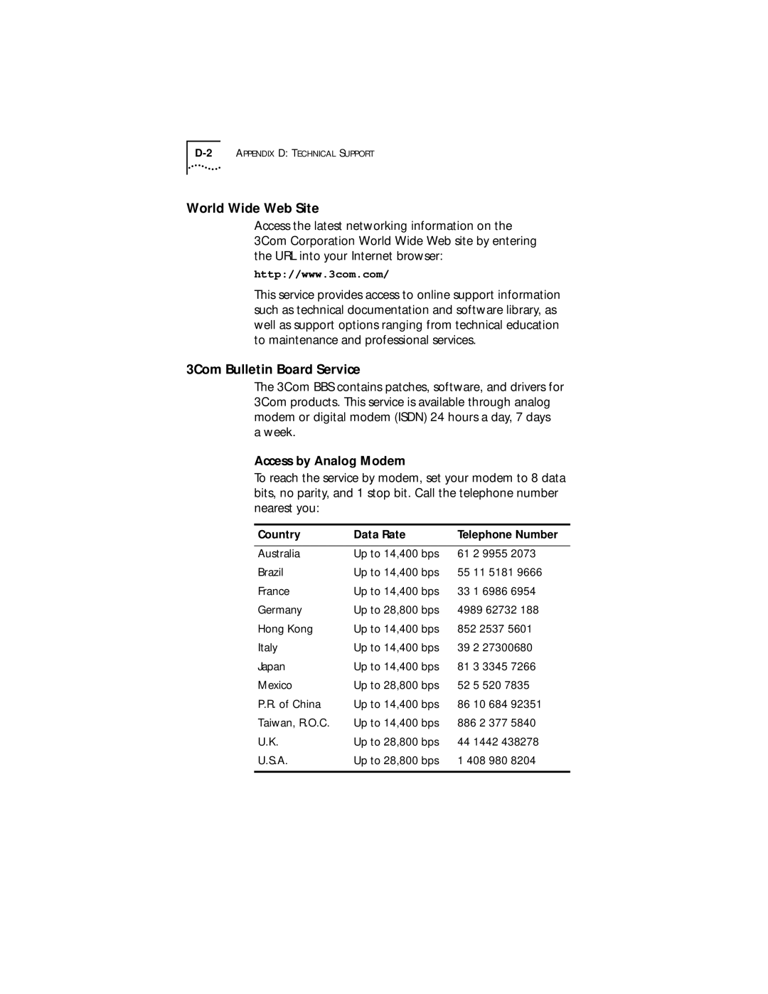 3Com XLPCI manual World Wide Web Site, 3Com Bulletin Board Service, Access by Analog Modem 