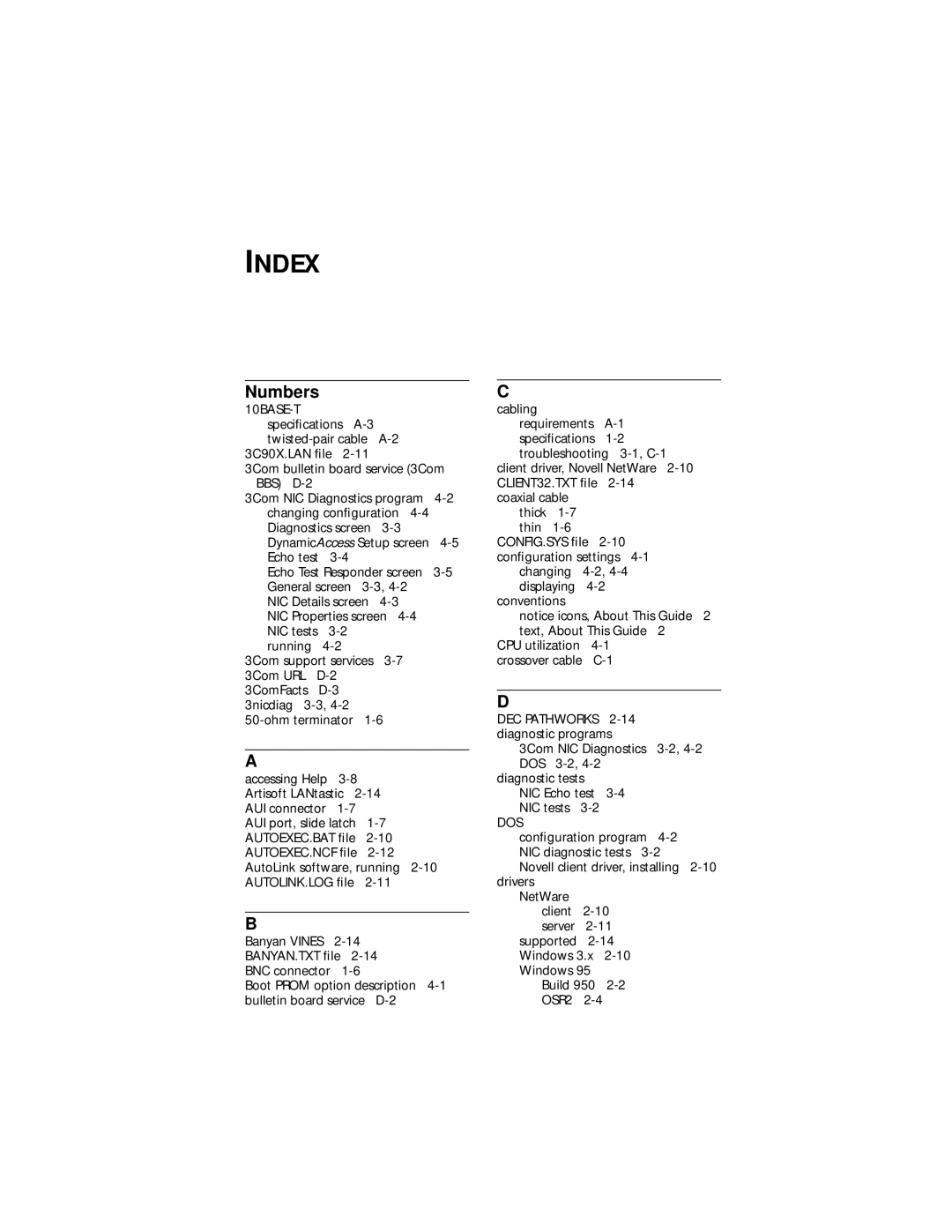 3Com XLPCI manual Index, Numbers 