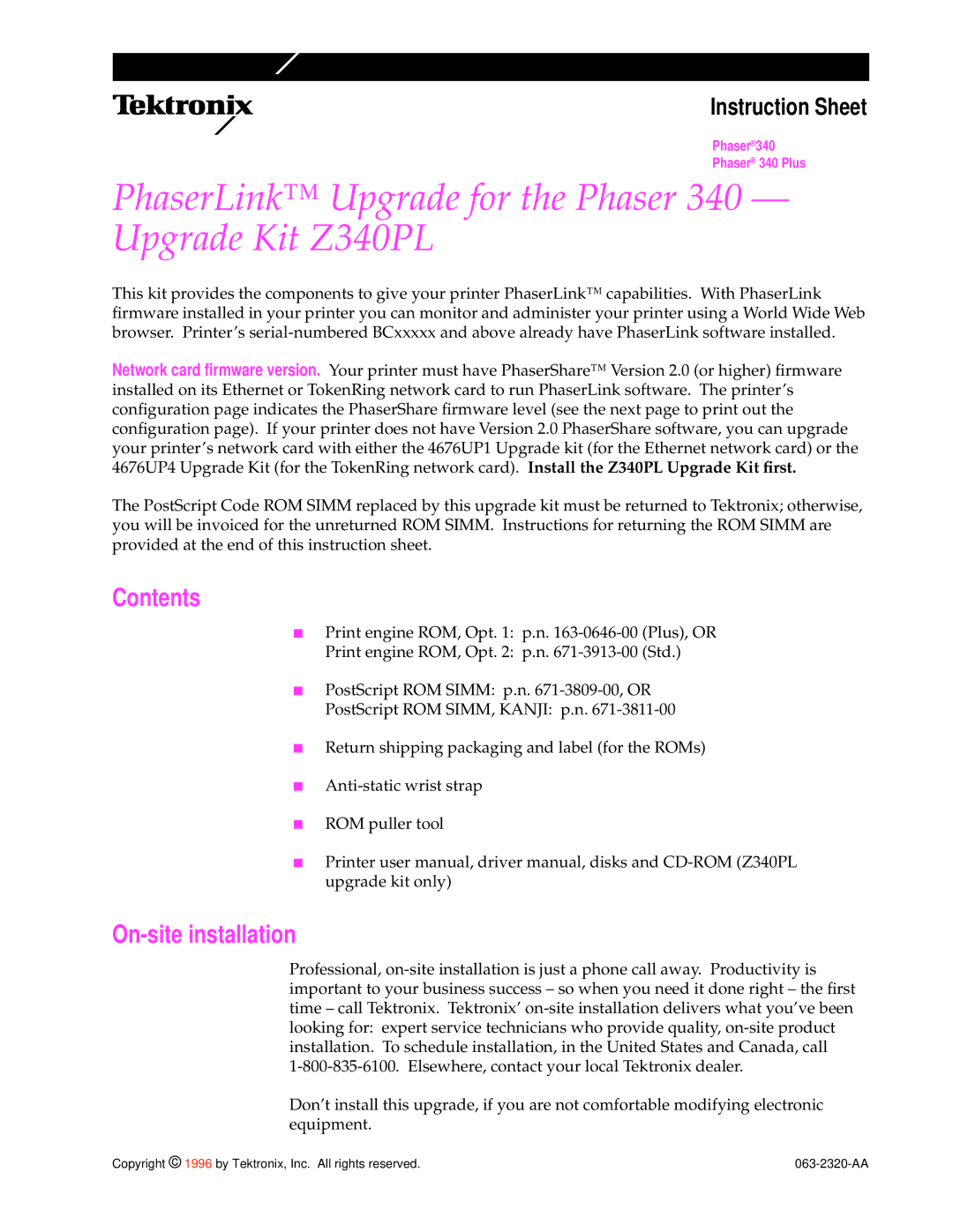 3Com Z340PL instruction sheet Contents, On-site installation 