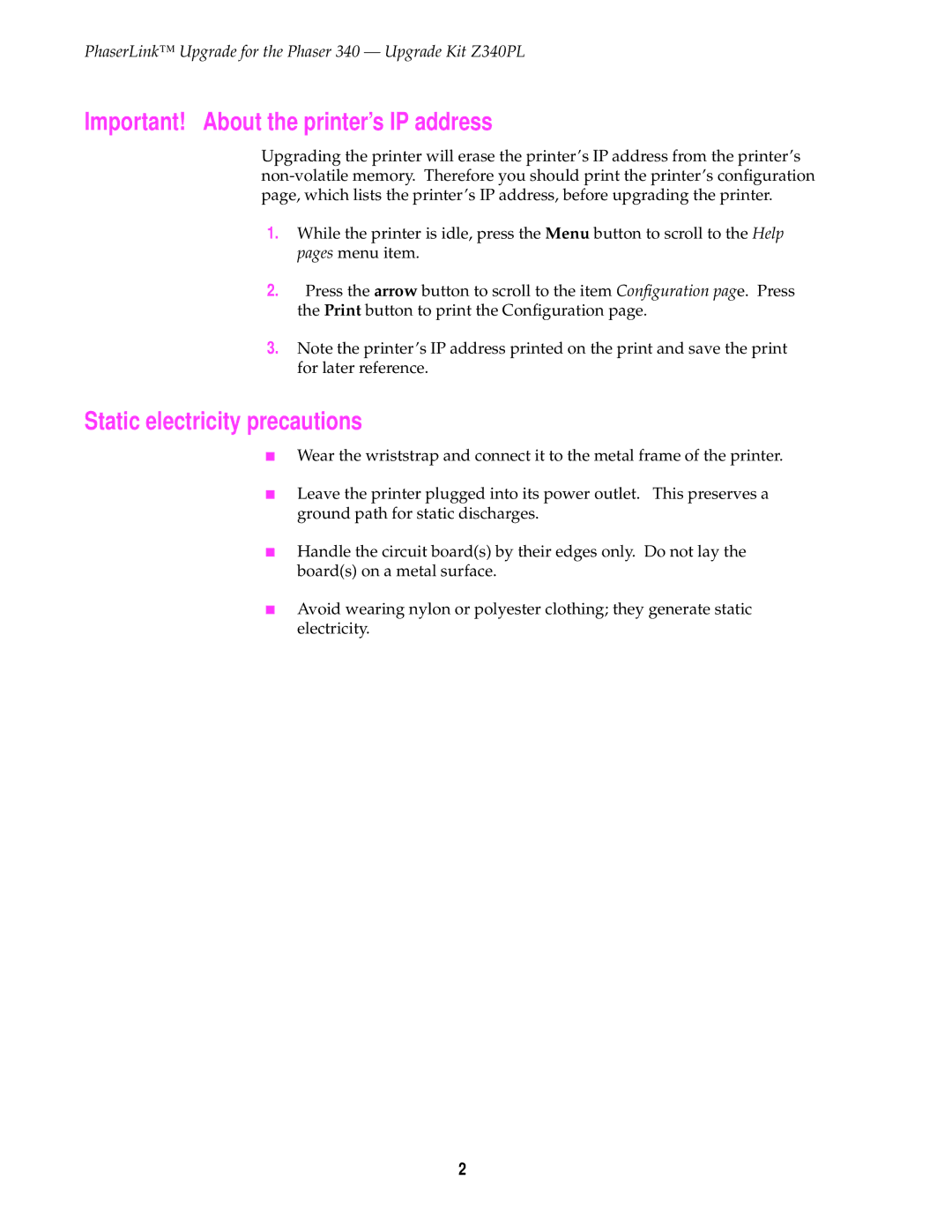 3Com Z340PL instruction sheet Important! About the printer’s IP address, Static electricity precautions 