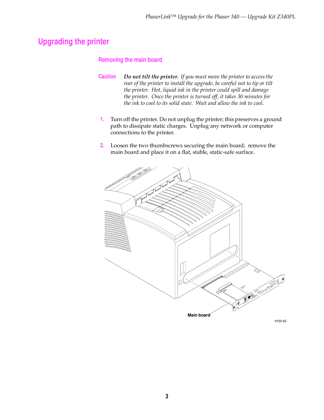 3Com Z340PL instruction sheet Upgrading the printer, Removing the main board 