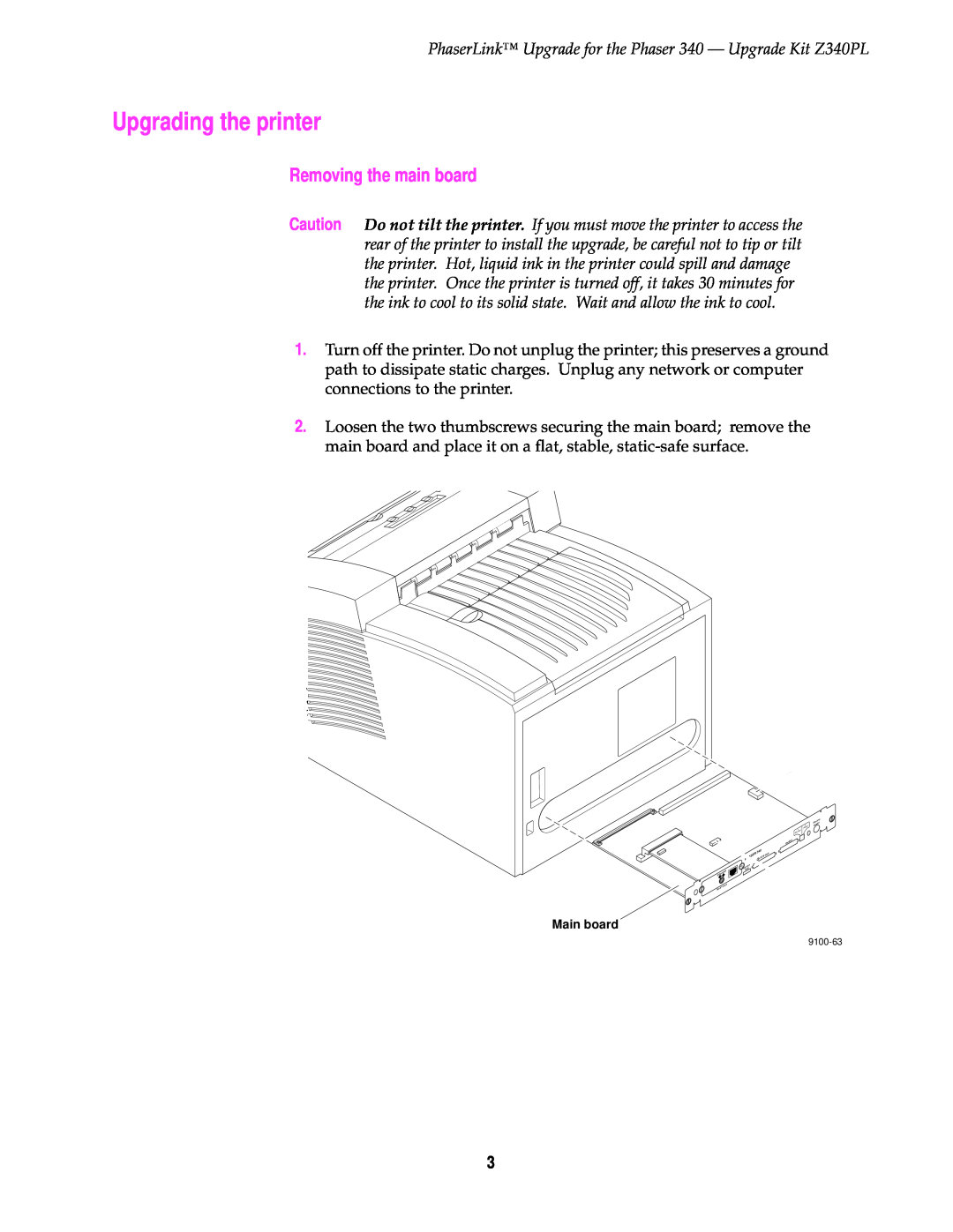 3Com Z340PL instruction sheet Upgrading the printer, Removing the main board 