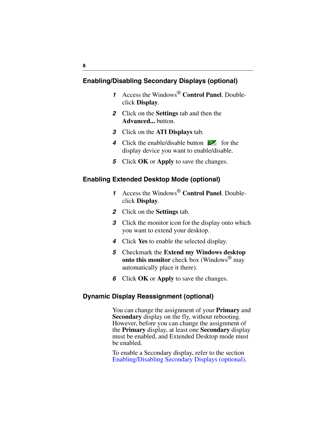 3D Connexion 137-40465-10 Enabling/Disabling Secondary Displays optional, Enabling Extended Desktop Mode optional 