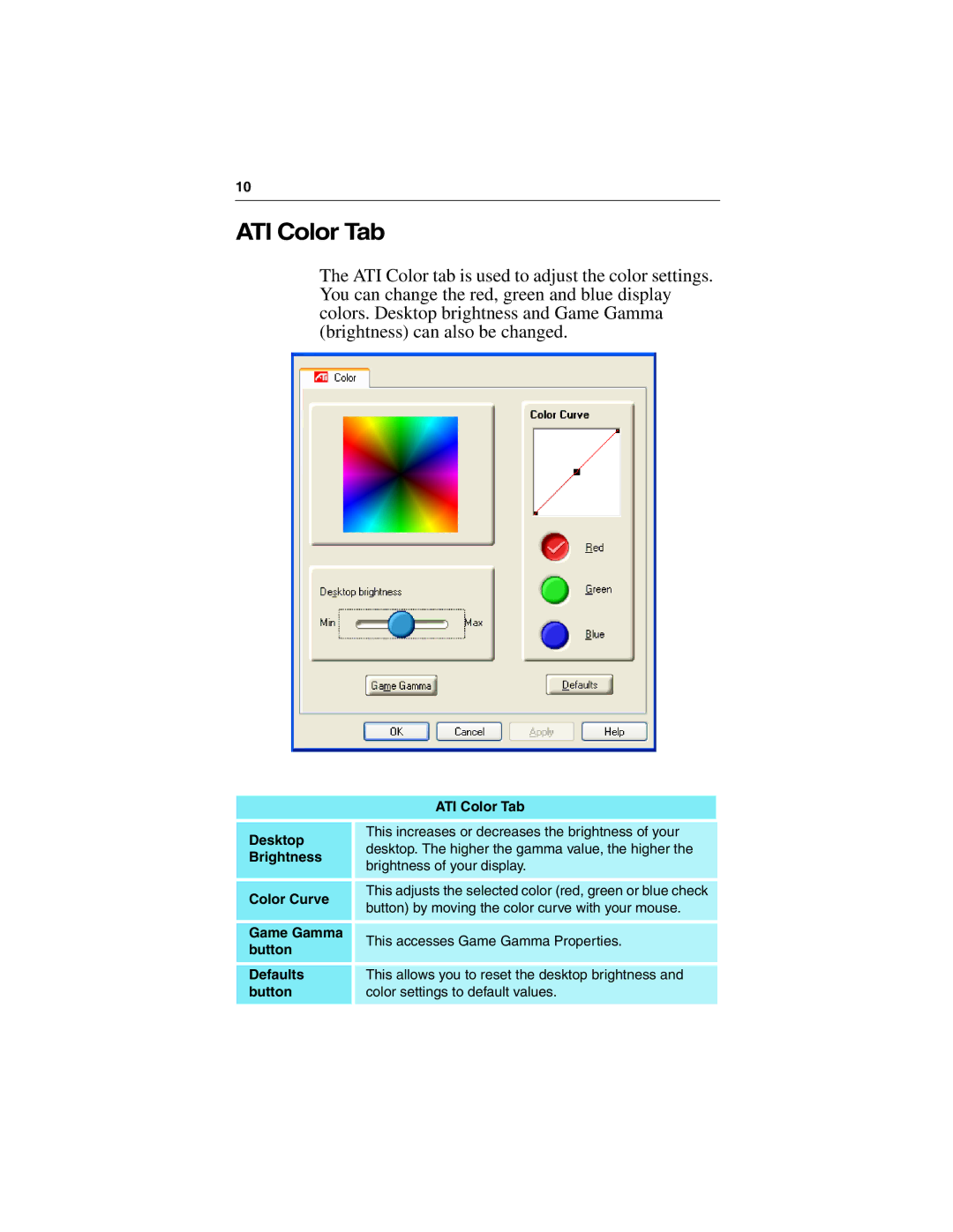 3D Connexion 137-40465-10 specifications ATI Color Tab, Button by moving the color curve with your mouse 