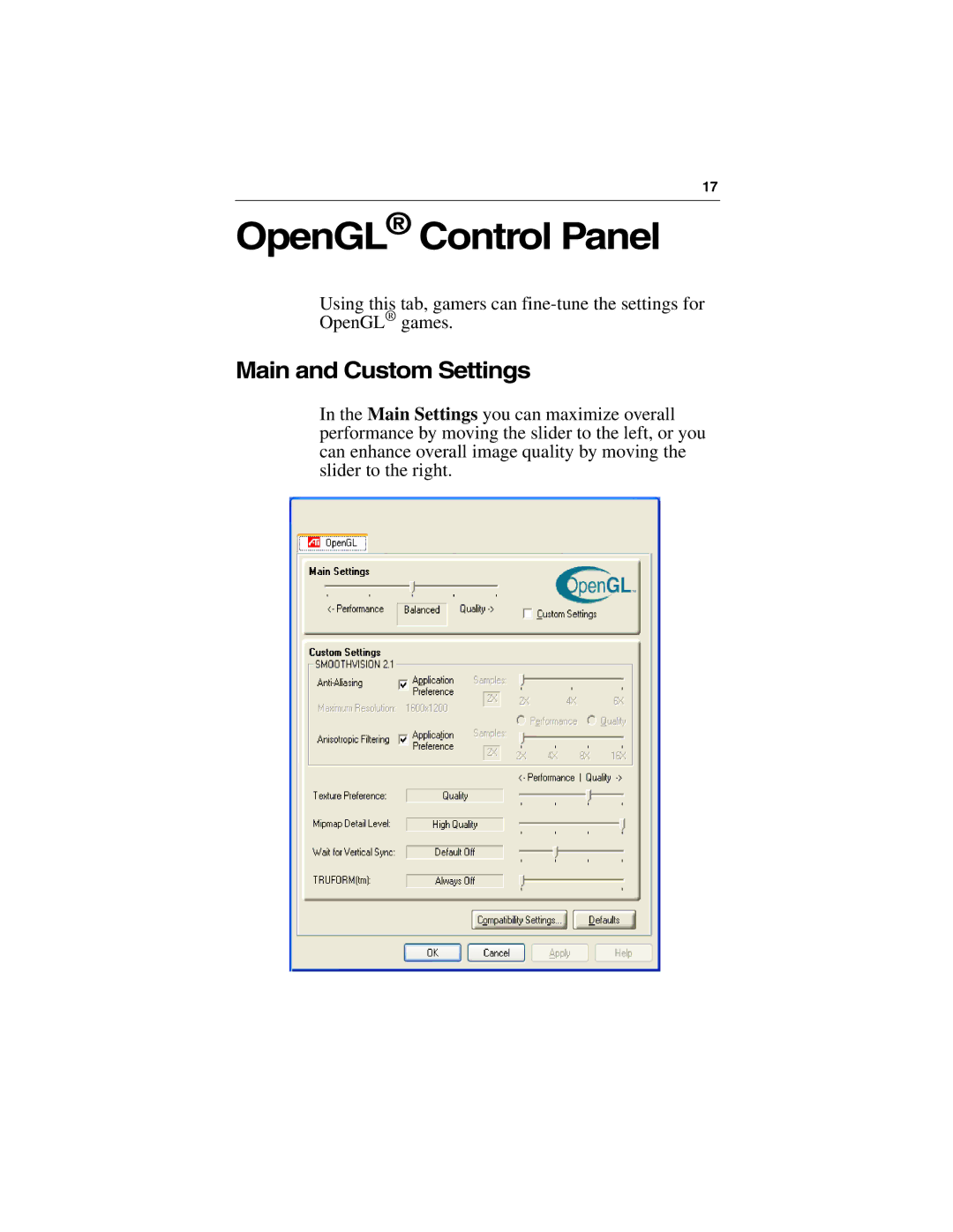 3D Connexion 137-40465-10 specifications OpenGL Control Panel, Main and Custom Settings 