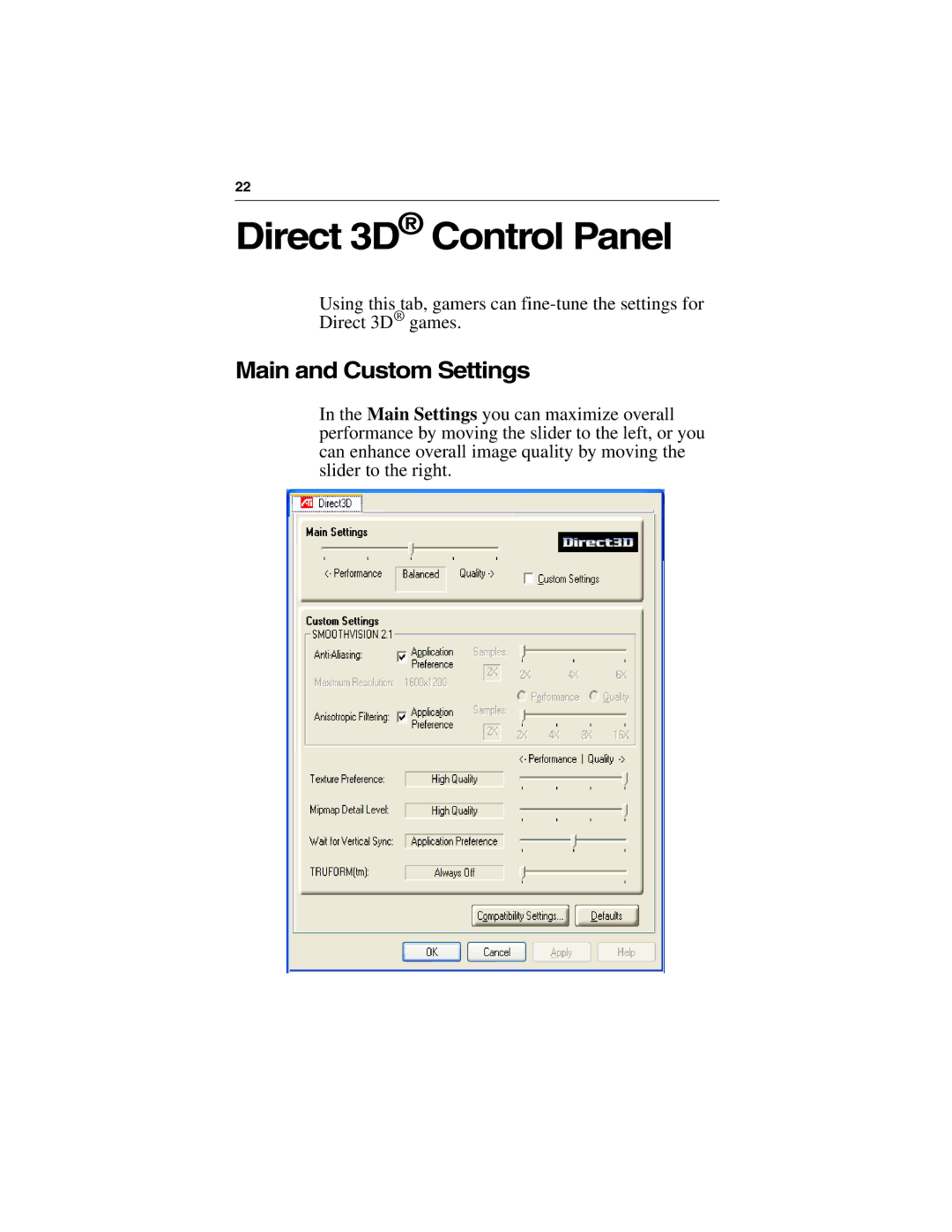 3D Connexion 137-40465-10 specifications Direct 3D Control Panel, Main and Custom Settings 