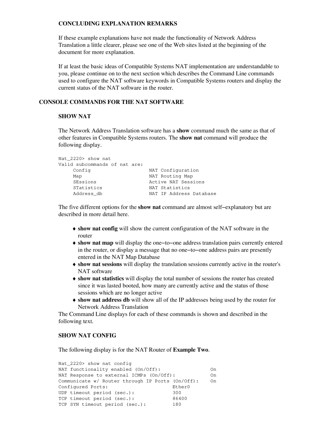 3D Connexion 17621 Concluding Explanation Remarks, Console Commands for the NAT Software Show NAT, Show NAT Config 