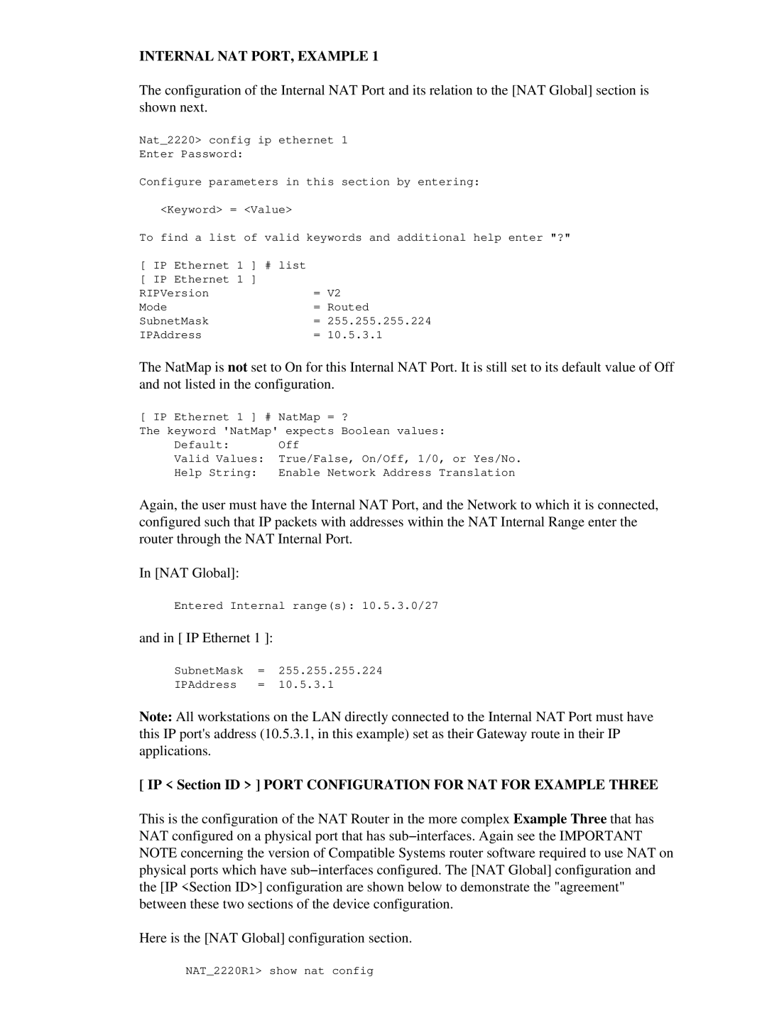 3D Connexion 17621 setup guide Internal NAT PORT, Example, IP Section ID Port Configuration for NAT for Example Three 