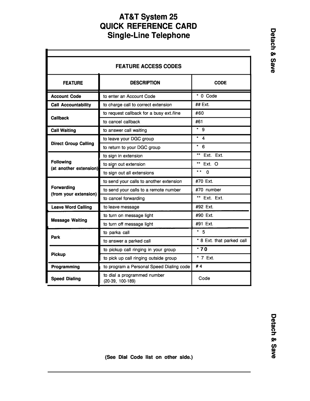 3D Connexion 555-540-702 manual AT&T System QUICK REFERENCE CARD, Single-LineTelephone, Feature Access Codes, Description 