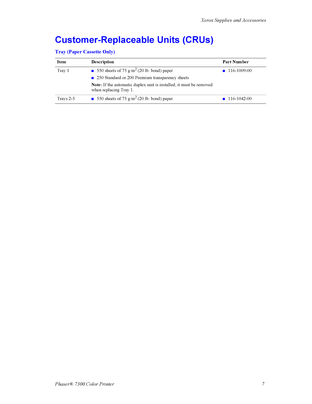 3D Connexion 7300 manual Customer-Replaceable Units CRUs, Tray Paper Cassette Only 