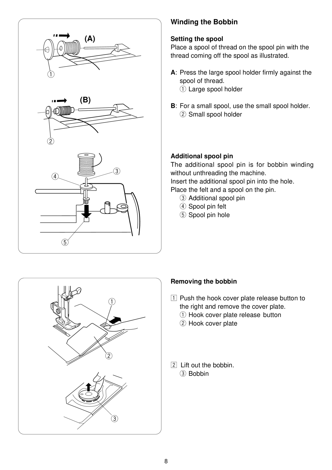 3D Connexion 7318 instruction manual Winding the Bobbin, Setting the spool, Additional spool pin, Removing the bobbin 