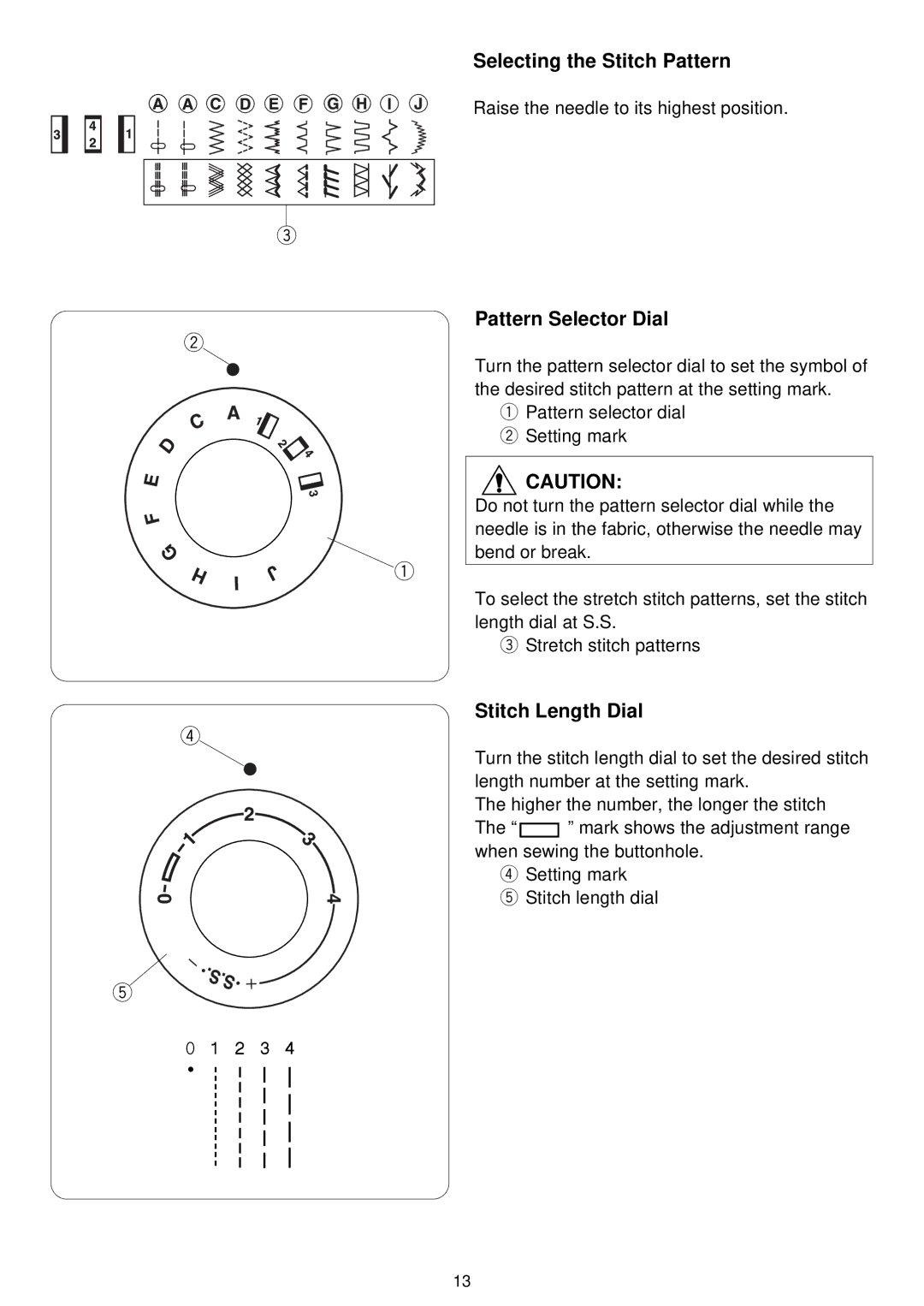 3D Connexion 7318 instruction manual Selecting the Stitch Pattern, Pattern Selector Dial, Stitch Length Dial 