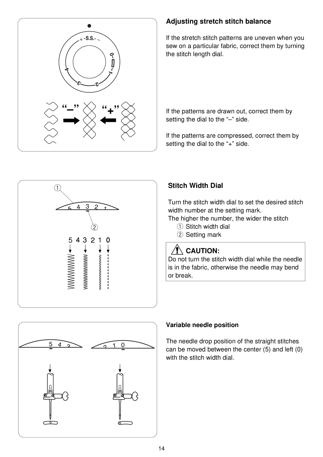 3D Connexion 7318 instruction manual Adjusting stretch stitch balance, Stitch Width Dial, Variable needle position 