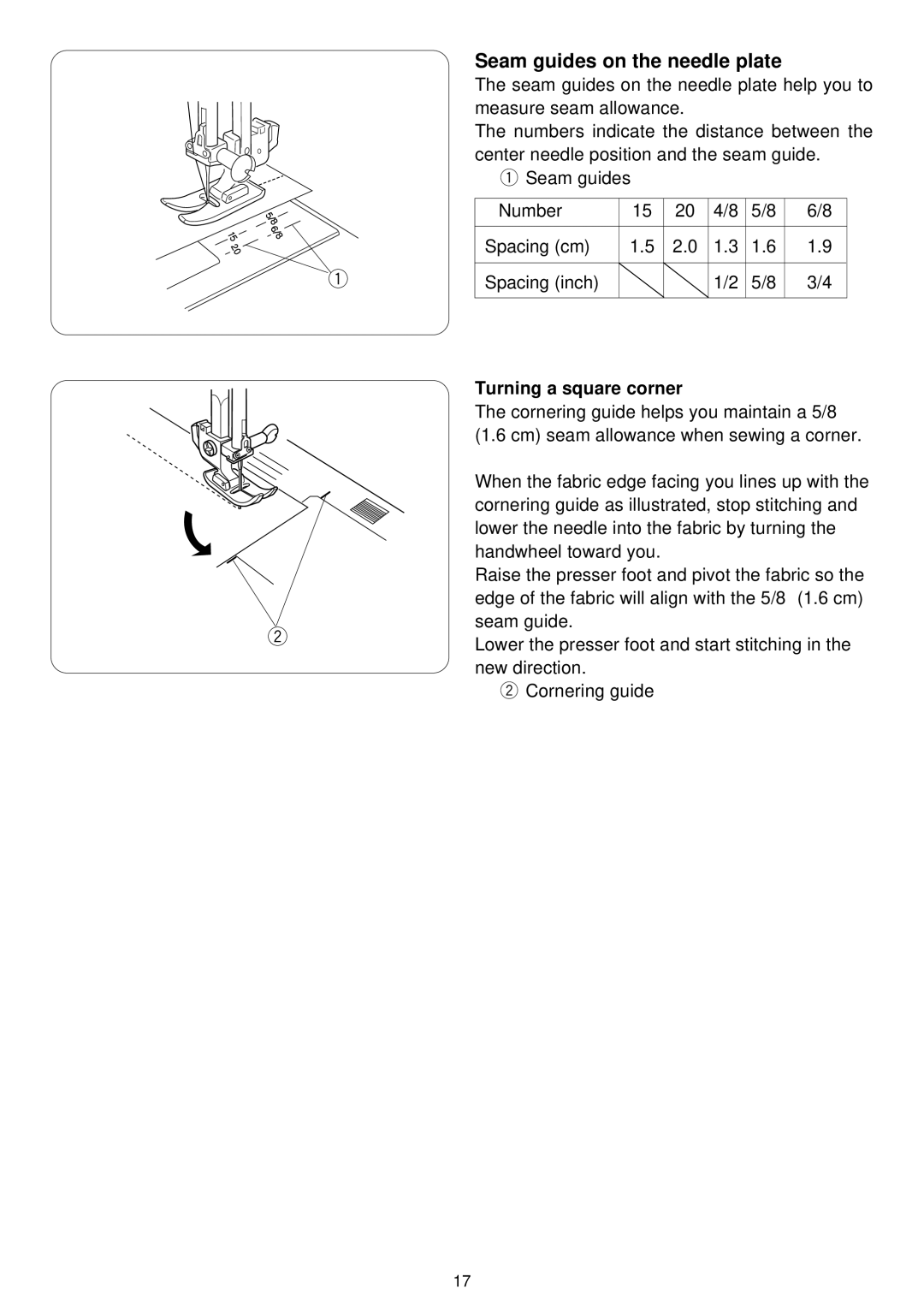 3D Connexion 7318 instruction manual Seam guides on the needle plate, Turning a square corner 