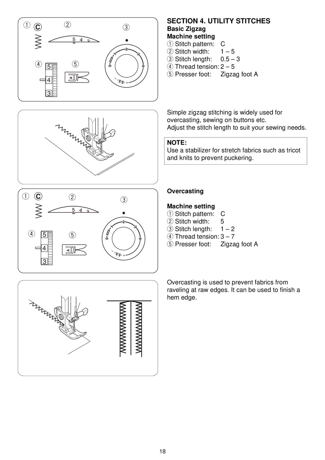 3D Connexion 7318 instruction manual Basic Zigzag Machine setting, Overcasting Machine setting 