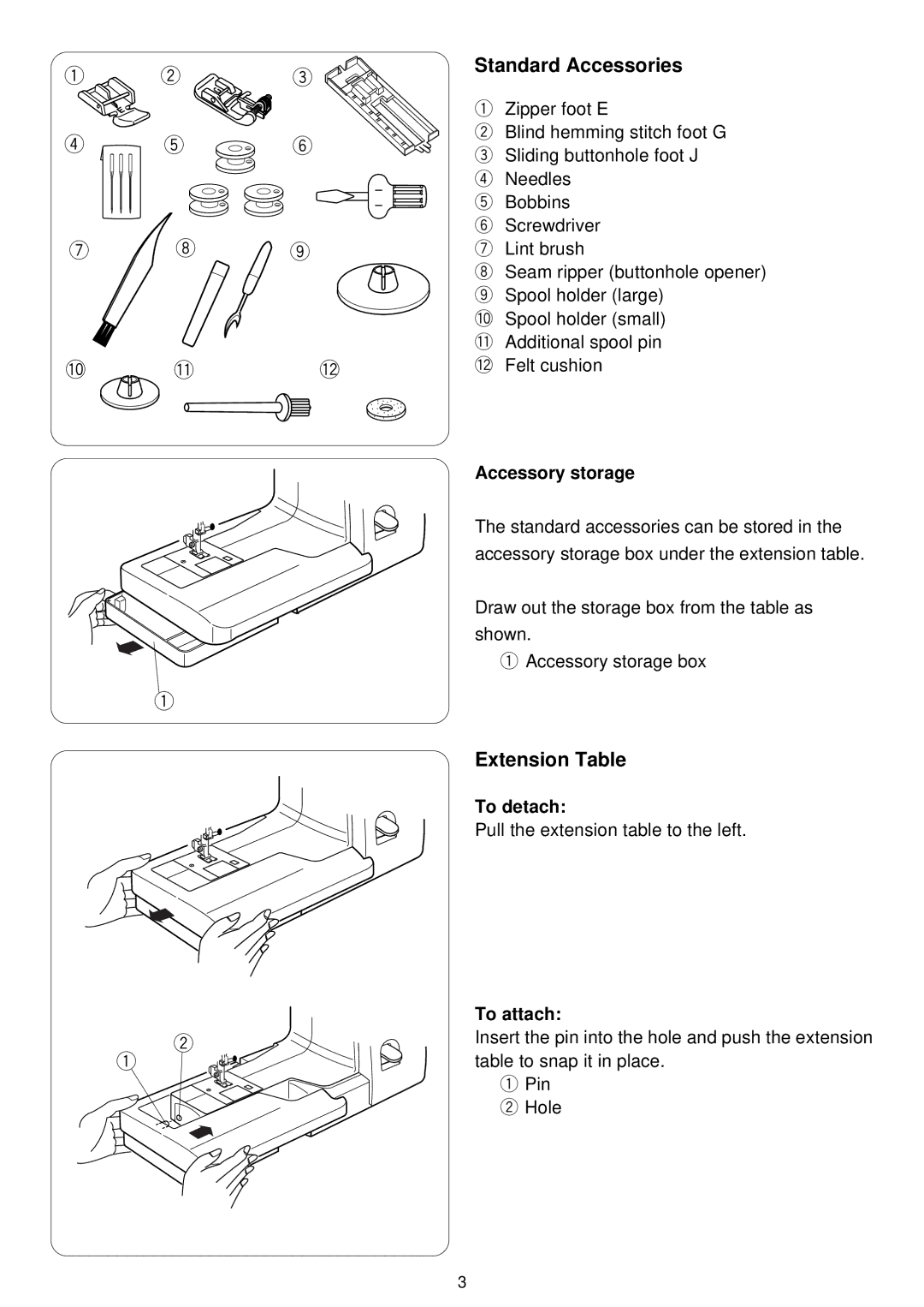 3D Connexion 7318 instruction manual Standard Accessories, Extension Table, Accessory storage, To detach, To attach 