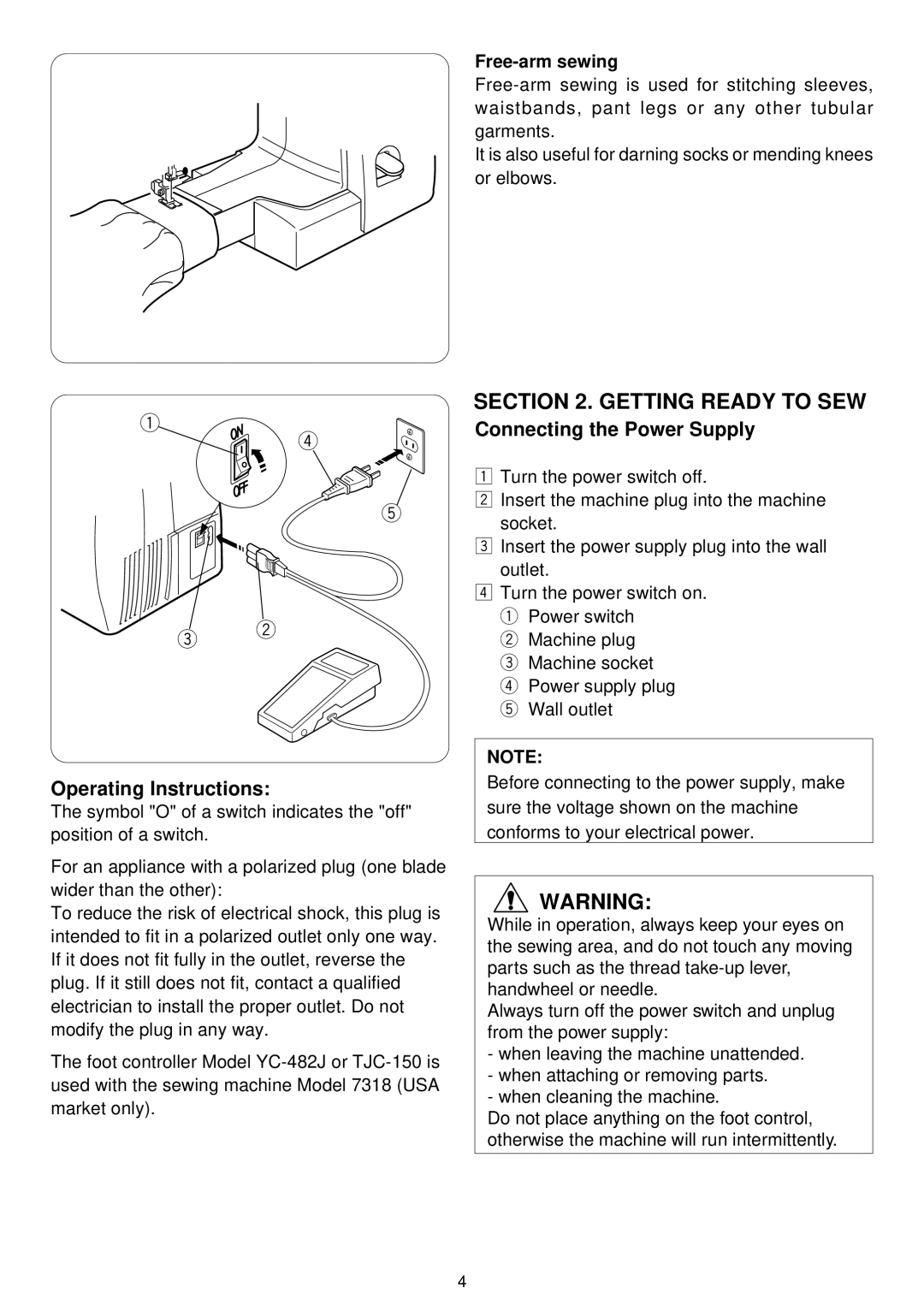 3D Connexion 7318 instruction manual Connecting the Power Supply, Operating Instructions, Free-arm sewing 