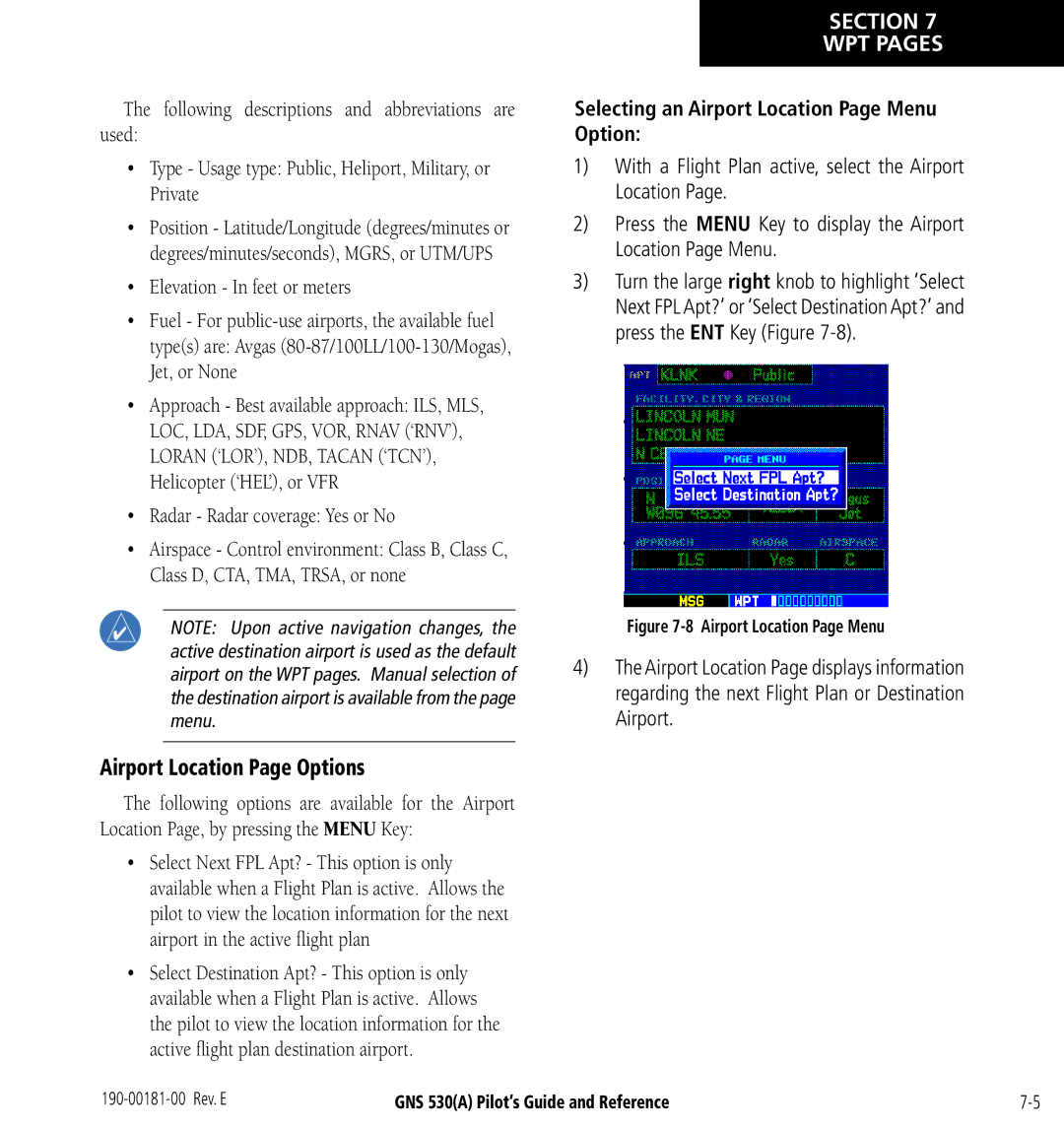 3D Connexion GNS 530(A) manual Airport Location Page Options, Elevation In feet or meters, Radar Radar coverage Yes or No 