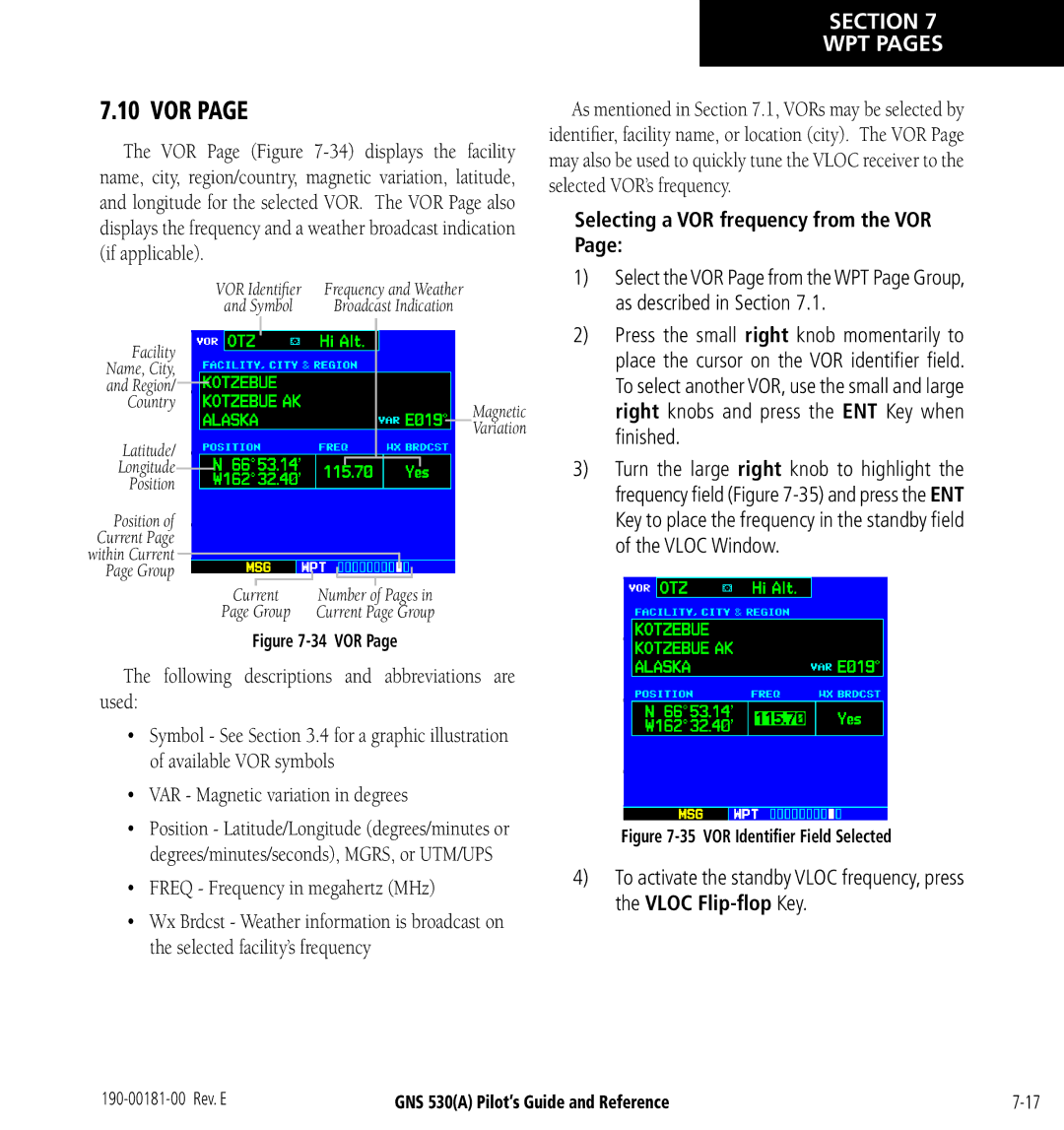 3D Connexion GNS 530(A) manual Vor, Selecting a VOR frequency from the VOR 