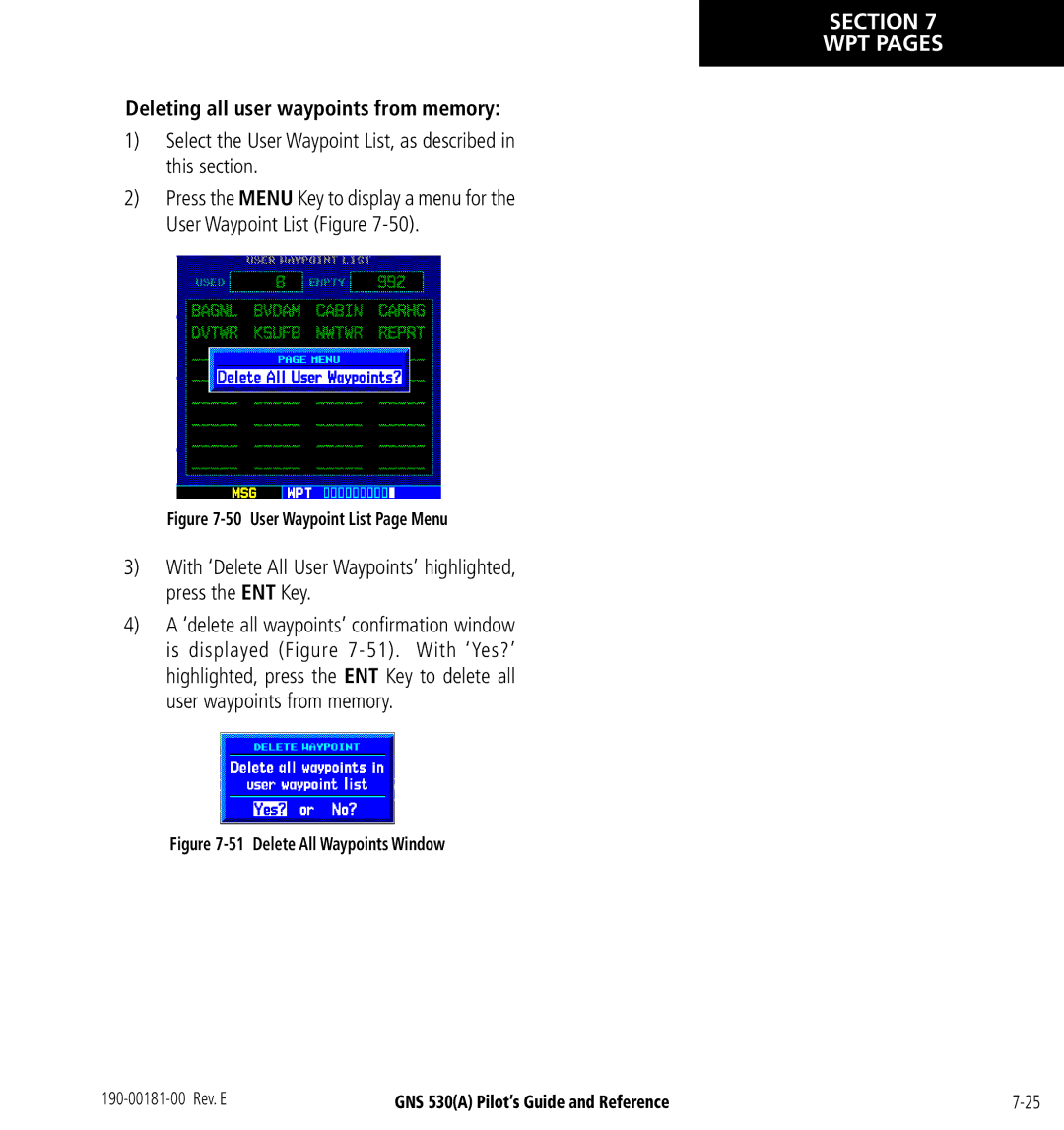 3D Connexion GNS 530(A) manual Deleting all user waypoints from memory, User Waypoint List Page Menu 