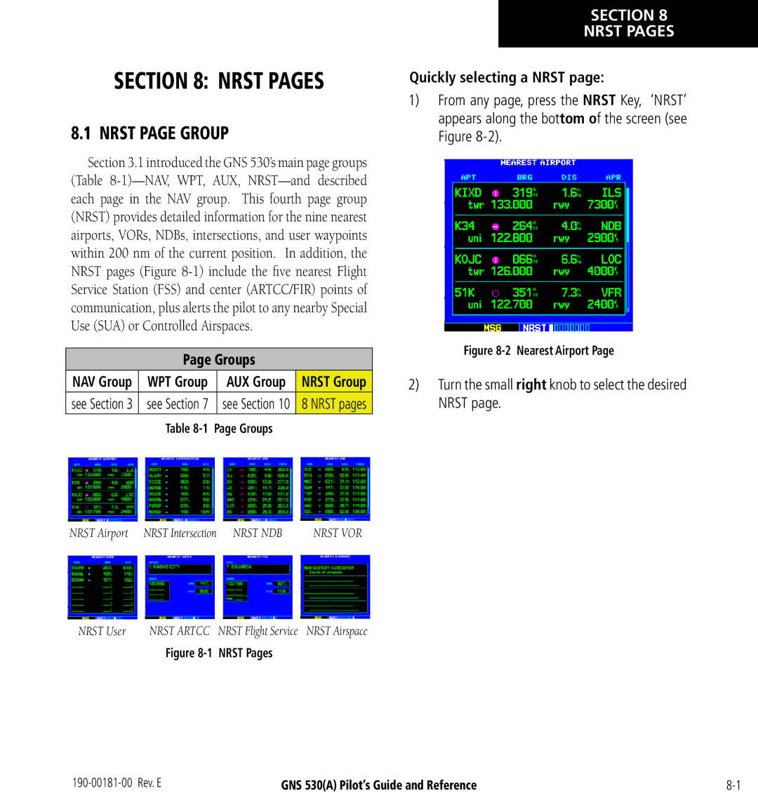 3D Connexion GNS 530(A) manual Nrst page Group, Section Nrst Pages, Quickly selecting a Nrst 