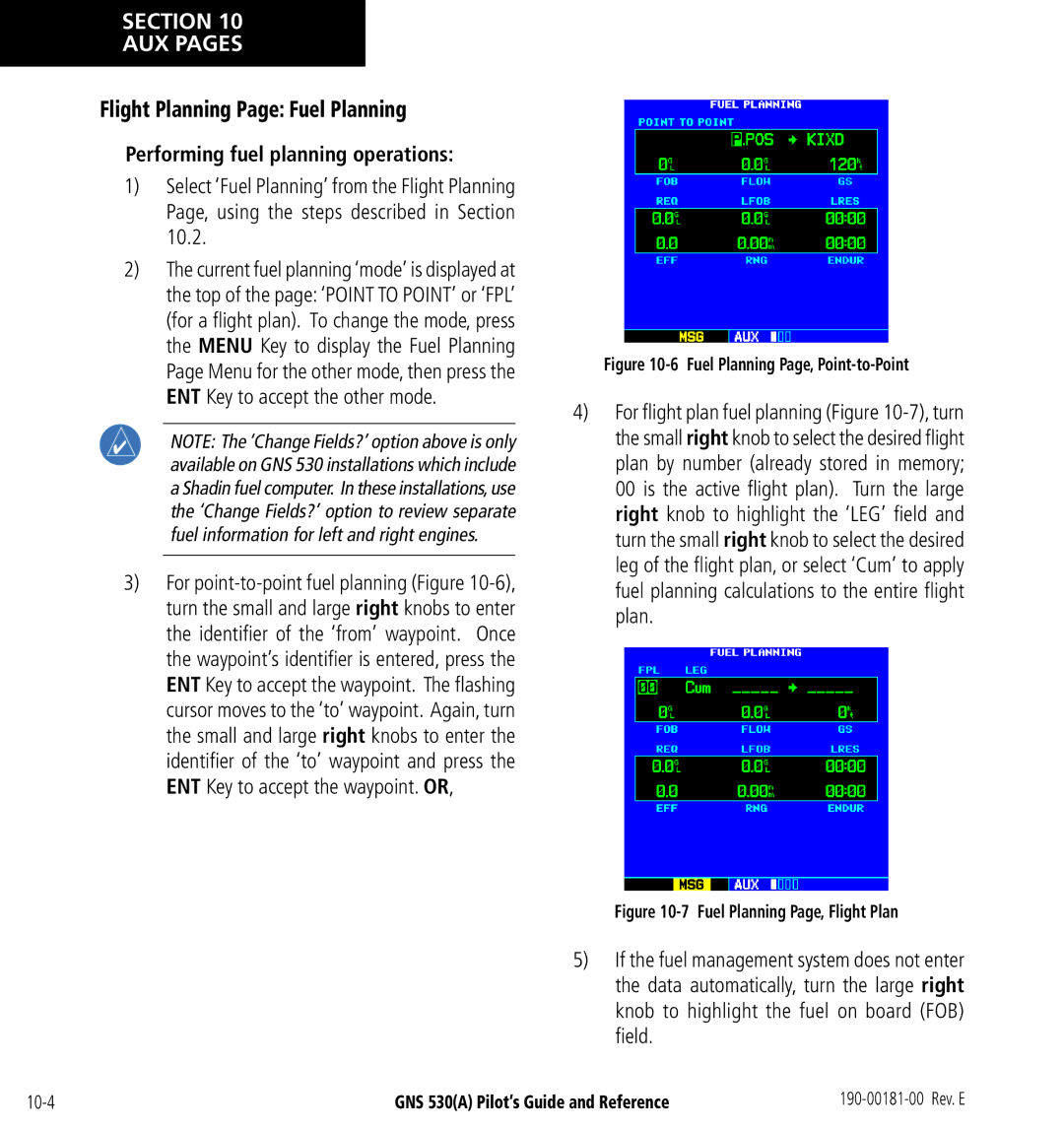 3D Connexion GNS 530(A) manual Flight Planning Page Fuel Planning, Performing fuel planning operations 