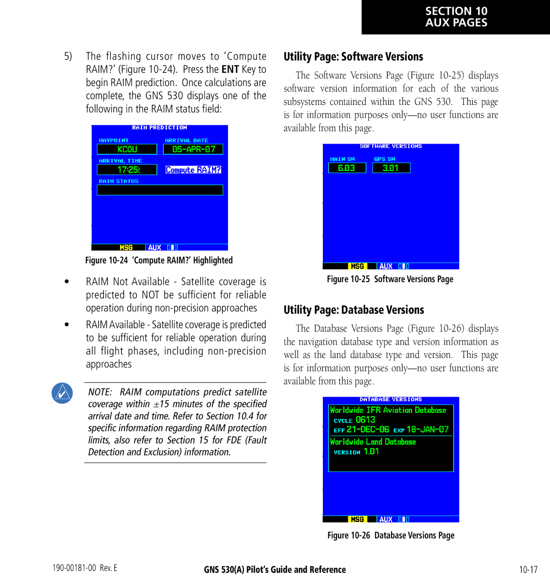 3D Connexion GNS 530(A) manual Utility Page Software Versions, Utility Page Database Versions 