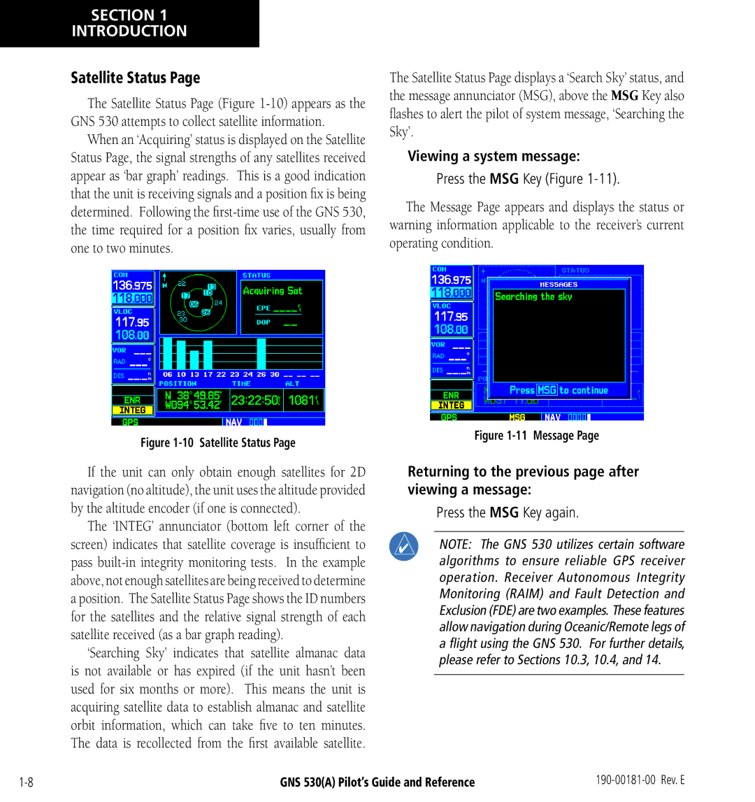 3D Connexion GNS 530(A) Satellite Status, Viewing a system message, Returning to the previous page after viewing a message 