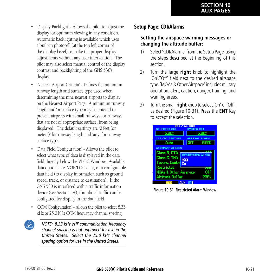 3D Connexion GNS 530(A) manual Setup Page CDI/Alarms, Restricted Alarm Window 