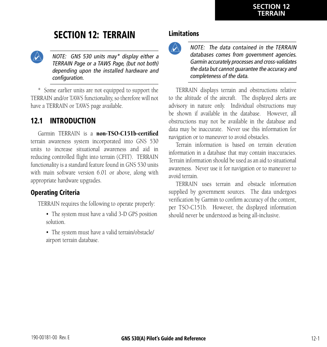 3D Connexion GNS 530(A) manual Introduction, Operating Criteria, Limitations, Section Terrain 