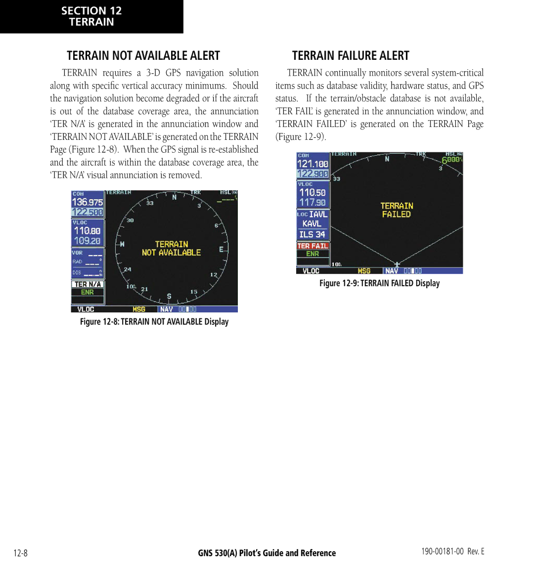 3D Connexion GNS 530(A) manual Terrain Failure Alert, Terrain not Available Alert 