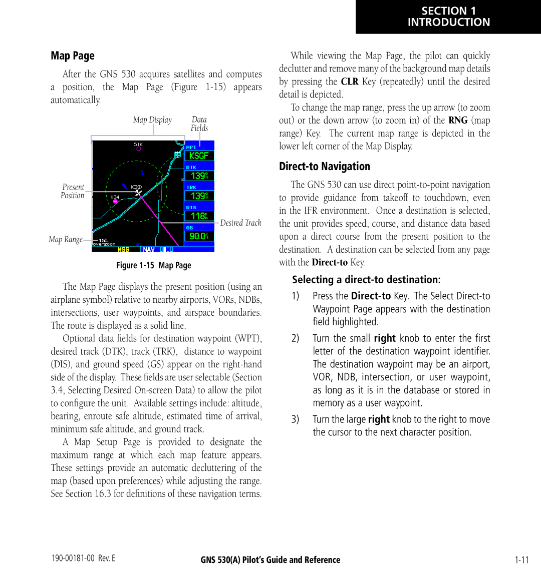 3D Connexion GNS 530(A) manual Map, Direct-to Navigation, Selecting a direct-to destination 