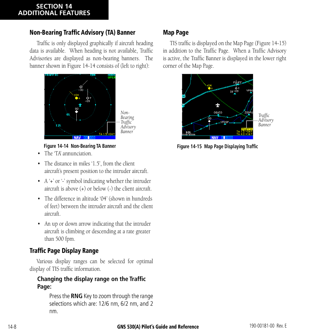 3D Connexion GNS 530(A) manual Trafﬁc Page Display Range, ‘TA’ annunciation, Changing the display range on the Trafﬁc 