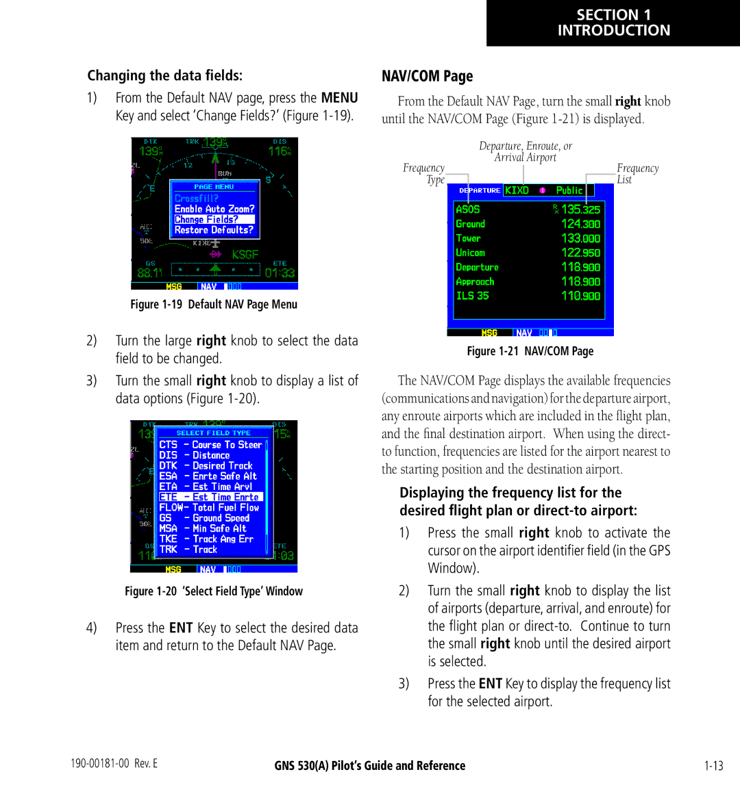 3D Connexion GNS 530(A) manual Nav/Com, Changing the data ﬁelds 