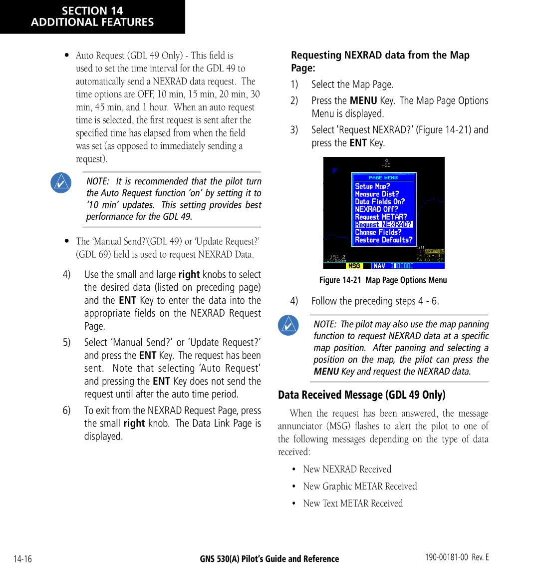 3D Connexion GNS 530(A) manual Data Received Message GDL 49 Only, Requesting Nexrad data from the Map 
