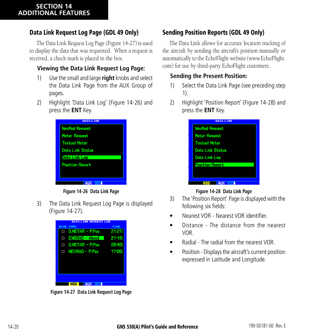 3D Connexion GNS 530(A) manual Sending Position Reports GDL 49 Only, Data Link Request Log Page GDL 49 Only 