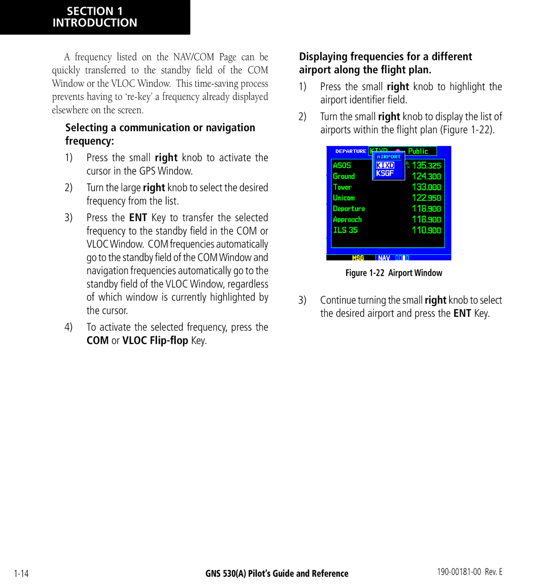 3D Connexion GNS 530(A) manual Selecting a communication or navigation frequency, Airport Window 