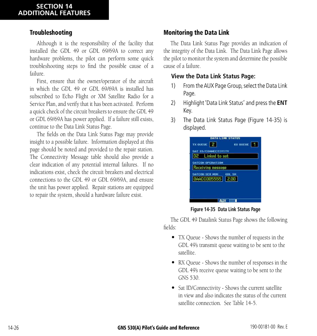 3D Connexion GNS 530(A) manual Troubleshooting, Monitoring the Data Link, View the Data Link Status 