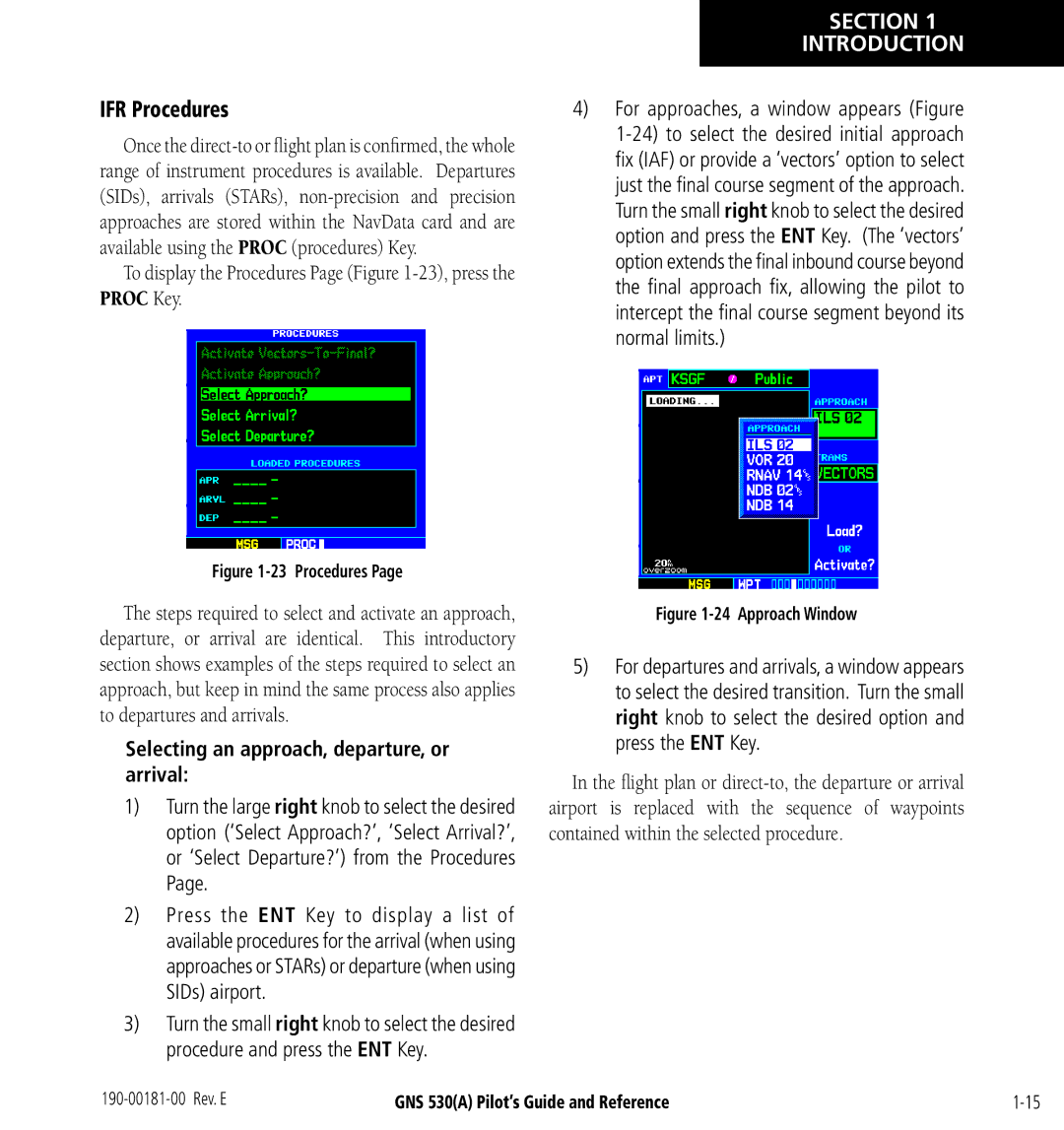 3D Connexion GNS 530(A) manual IFR Procedures, To display the Procedures Page -23, press the Proc Key 