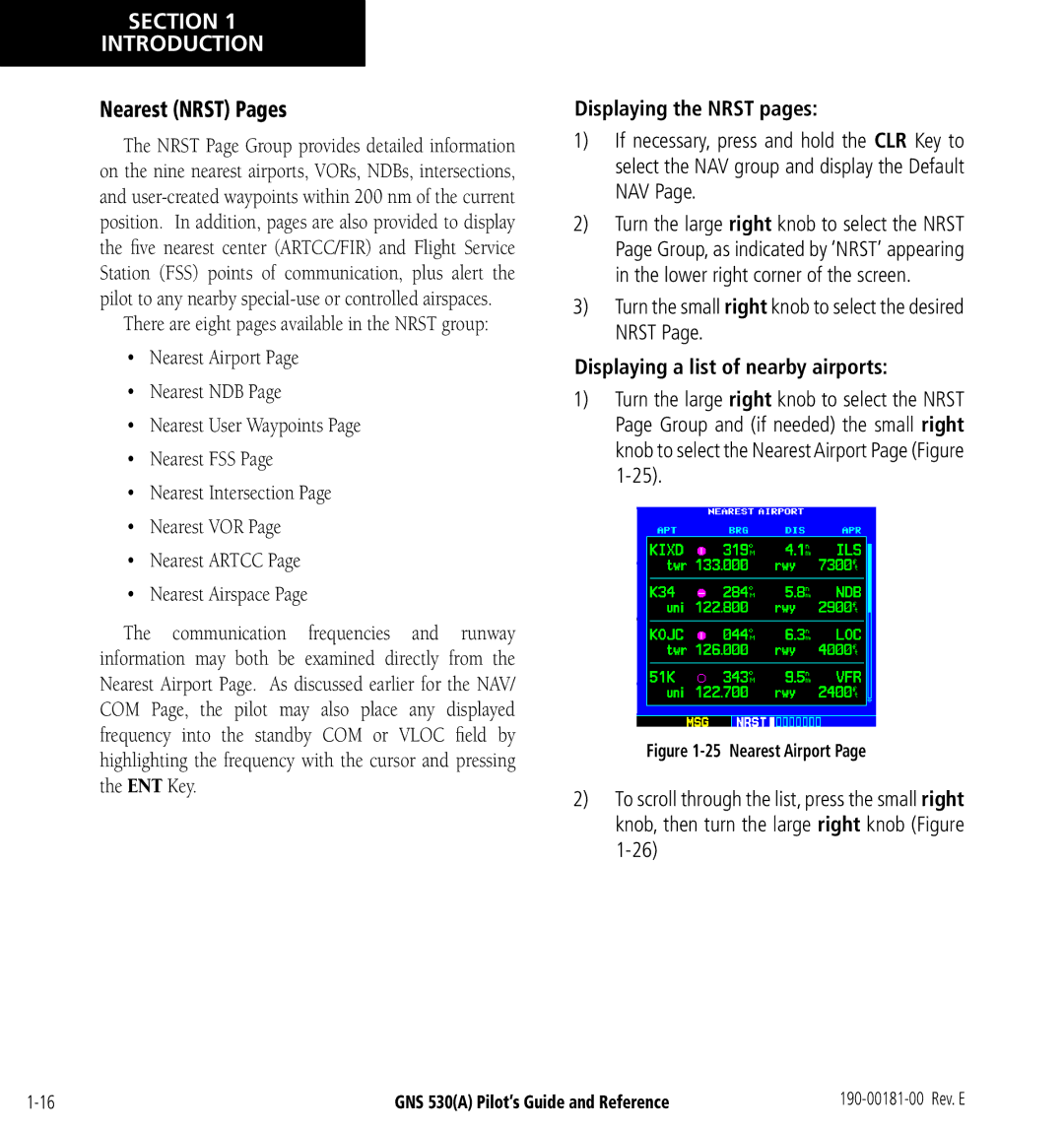 3D Connexion GNS 530(A) manual Nearest Nrst Pages, Displaying the Nrst pages, Displaying a list of nearby airports 