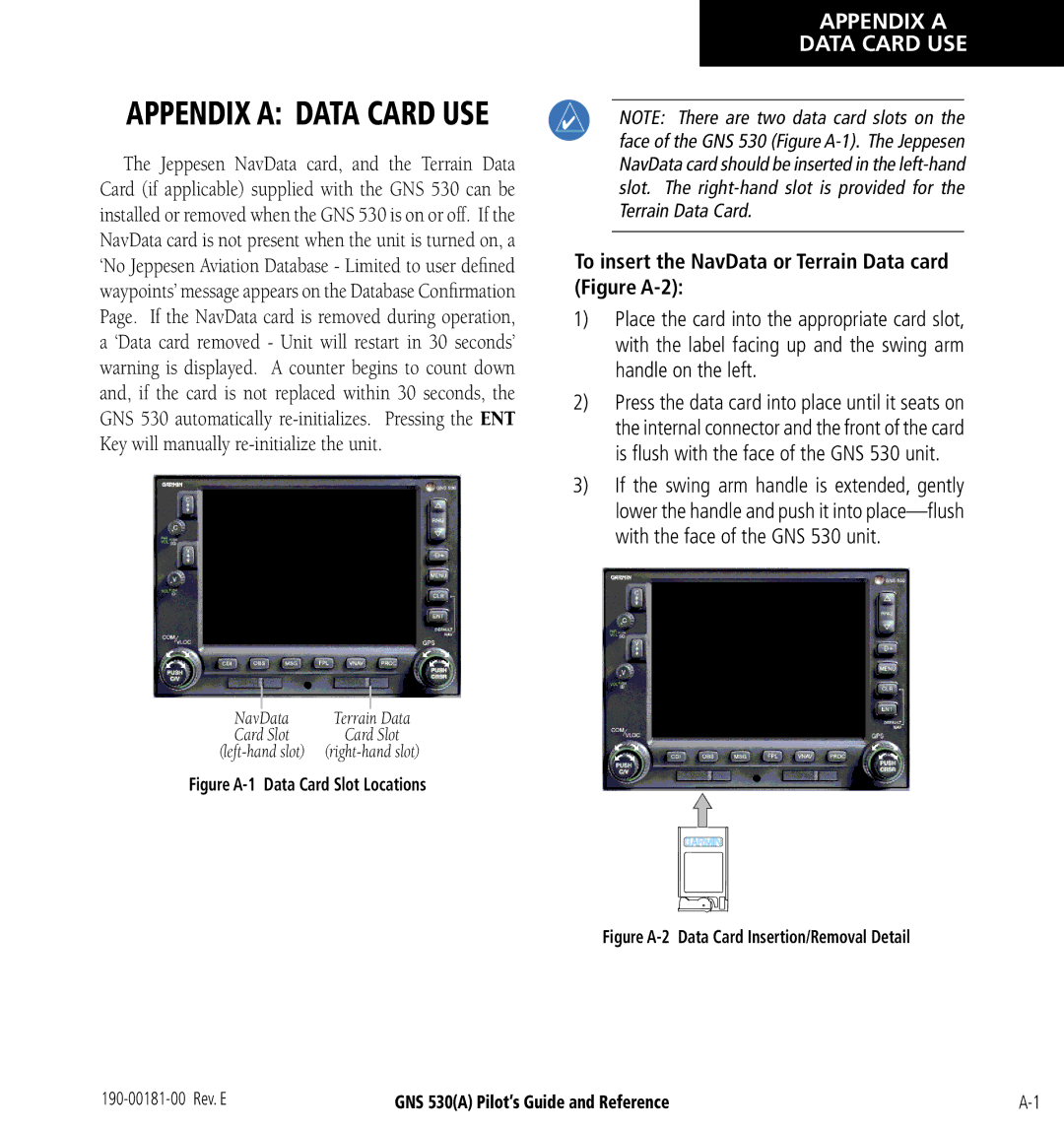 3D Connexion GNS 530(A) manual Appendix a Data Card USE, To insert the NavData or Terrain Data card Figure A-2 