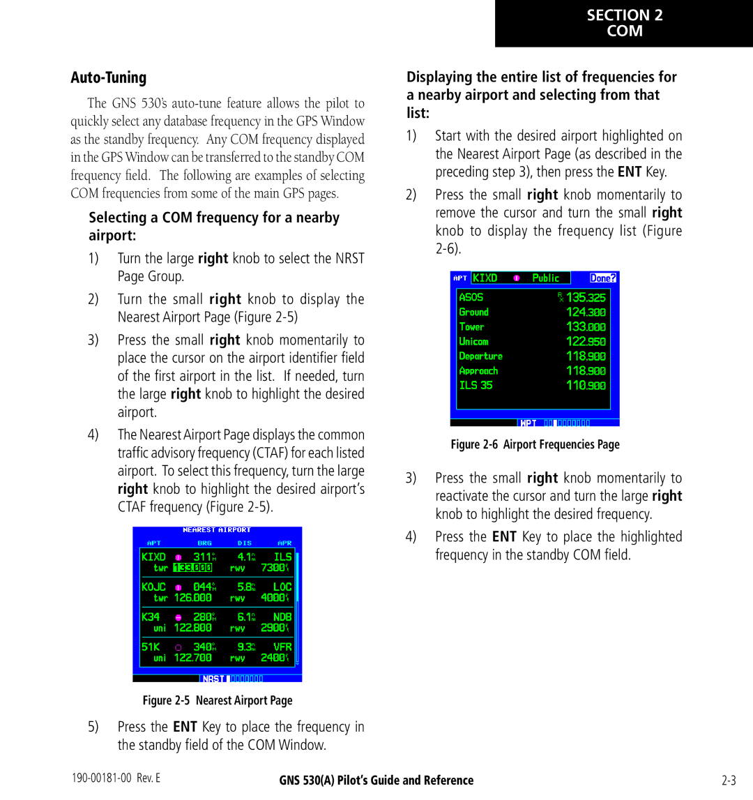 3D Connexion GNS 530(A) manual Auto-Tuning, Selecting a COM frequency for a nearby airport 