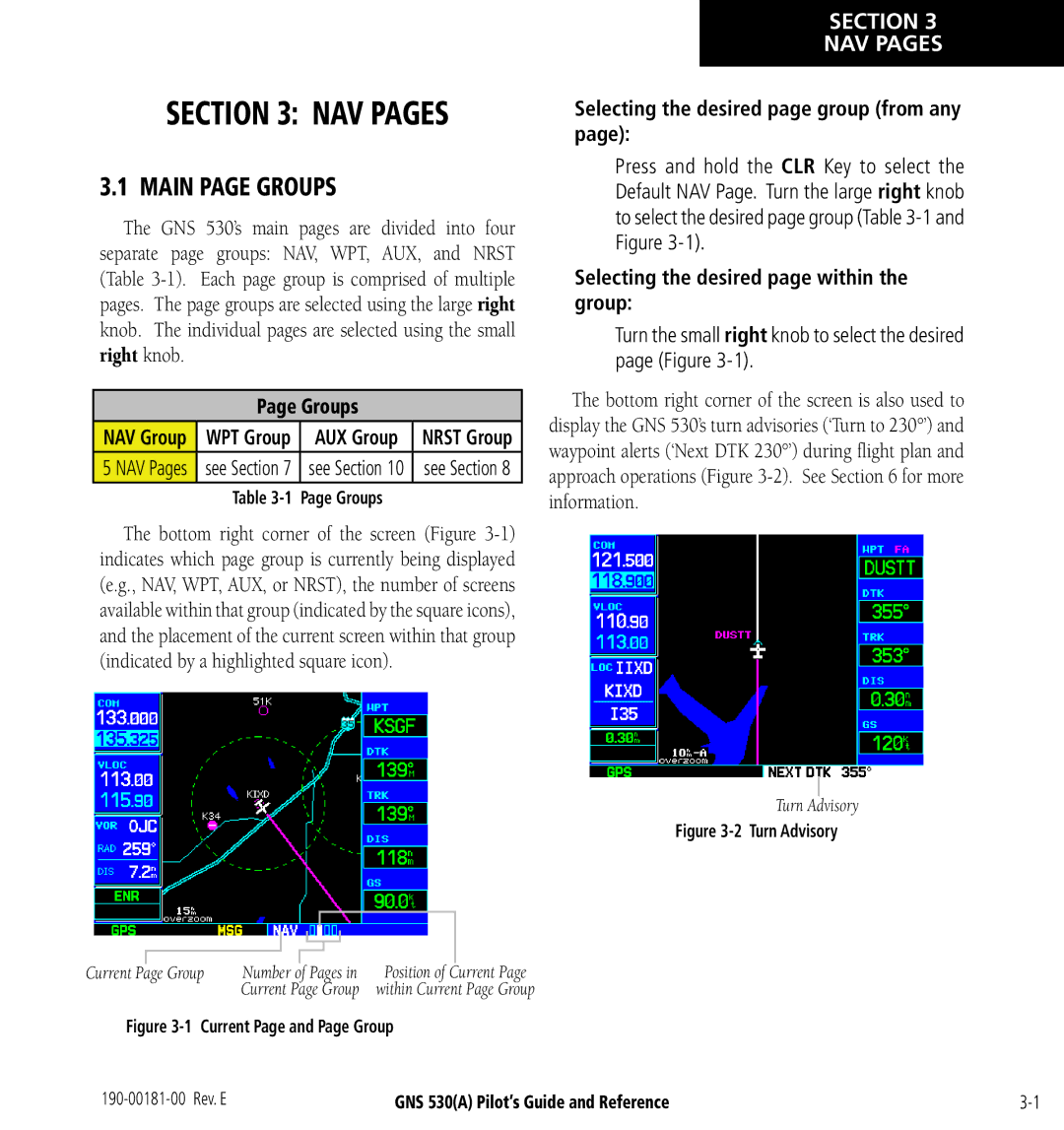 3D Connexion GNS 530(A) manual Main page Groups, Section NAV Pages, Selecting the desired page group from any 