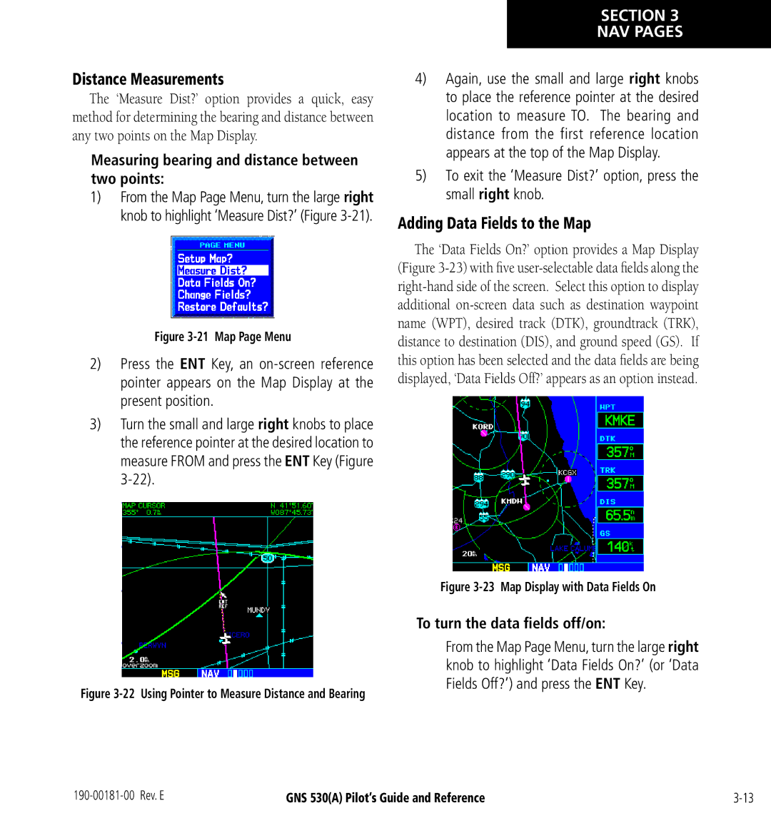 3D Connexion GNS 530(A) manual Distance Measurements, Adding Data Fields to the Map, To turn the data ﬁelds off/on 
