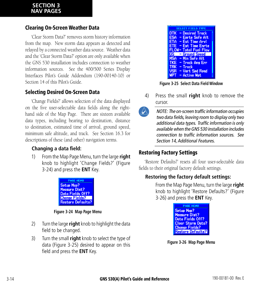 3D Connexion GNS 530(A) Clearing On-Screen Weather Data, Changing a data ﬁeld, Restoring the factory default settings 