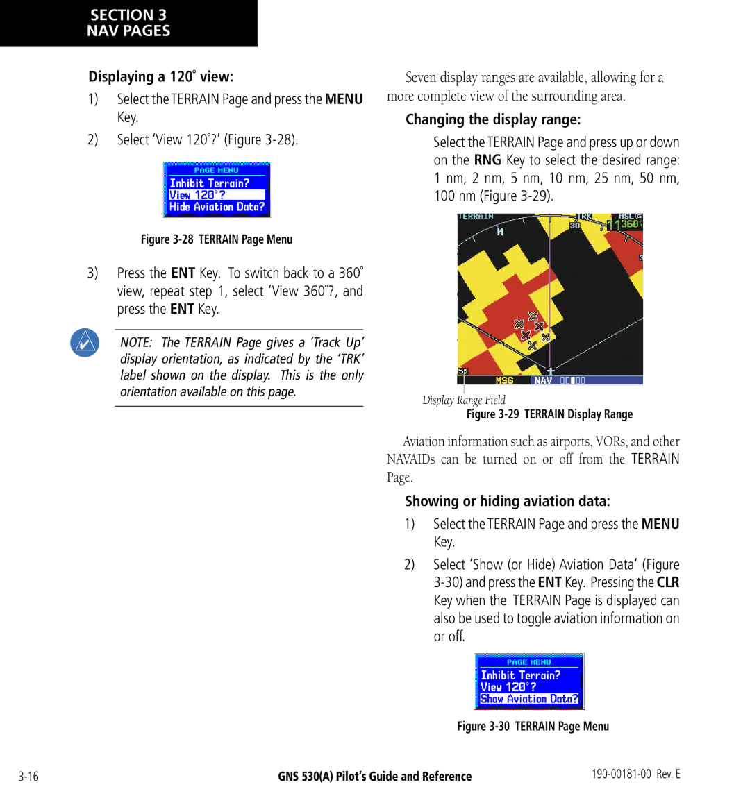 3D Connexion GNS 530(A) manual Displaying a 120˚ view, Changing the display range, Showing or hiding aviation data 