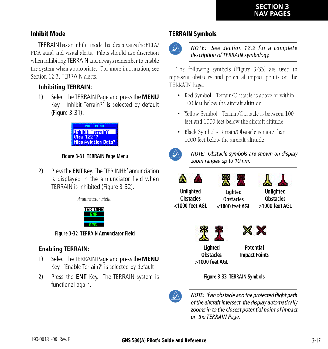 3D Connexion GNS 530(A) manual Inhibit Mode, Terrain Symbols, Inhibiting Terrain, Enabling Terrain 