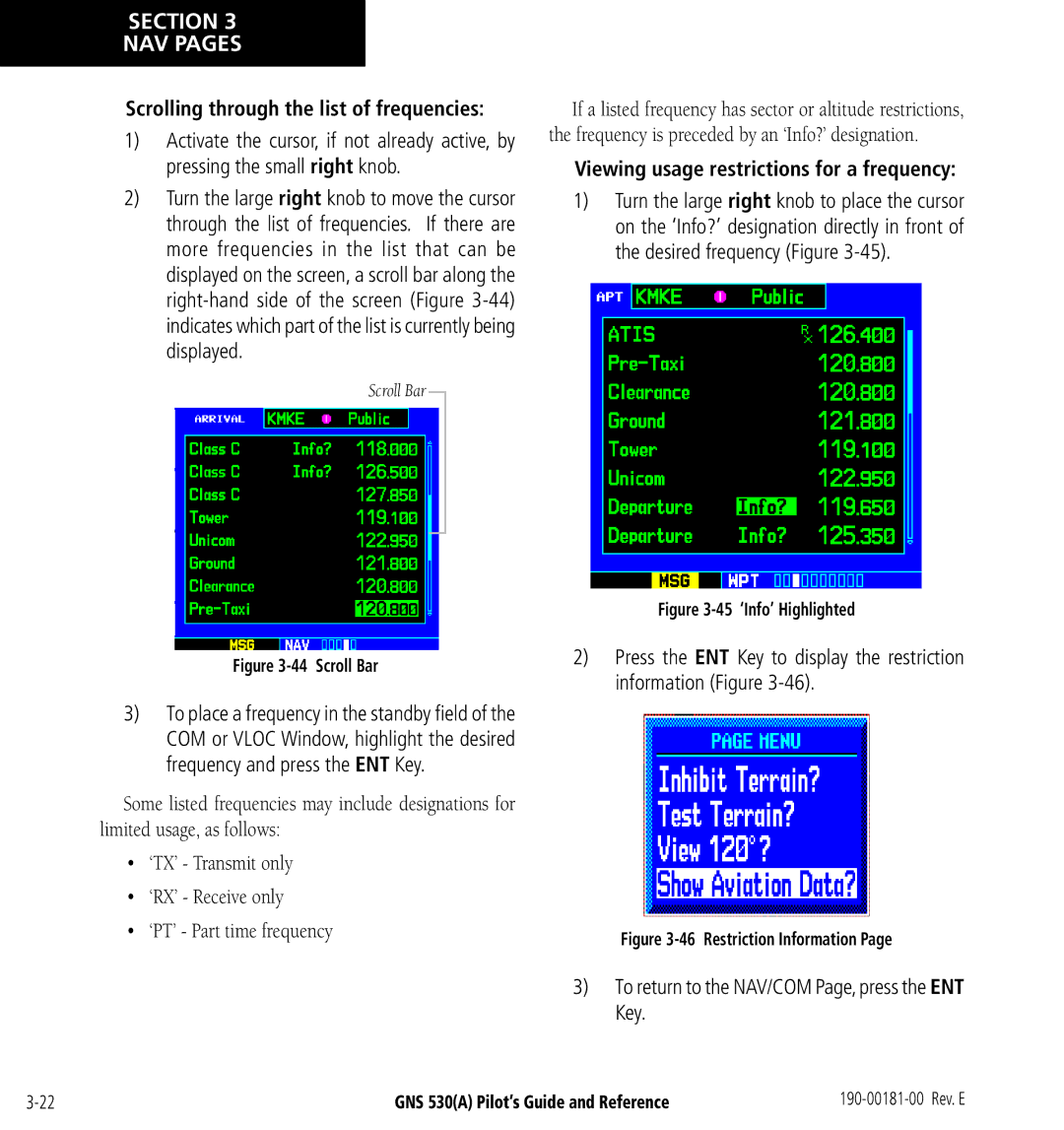 3D Connexion GNS 530(A) manual Scrolling through the list of frequencies, Viewing usage restrictions for a frequency 