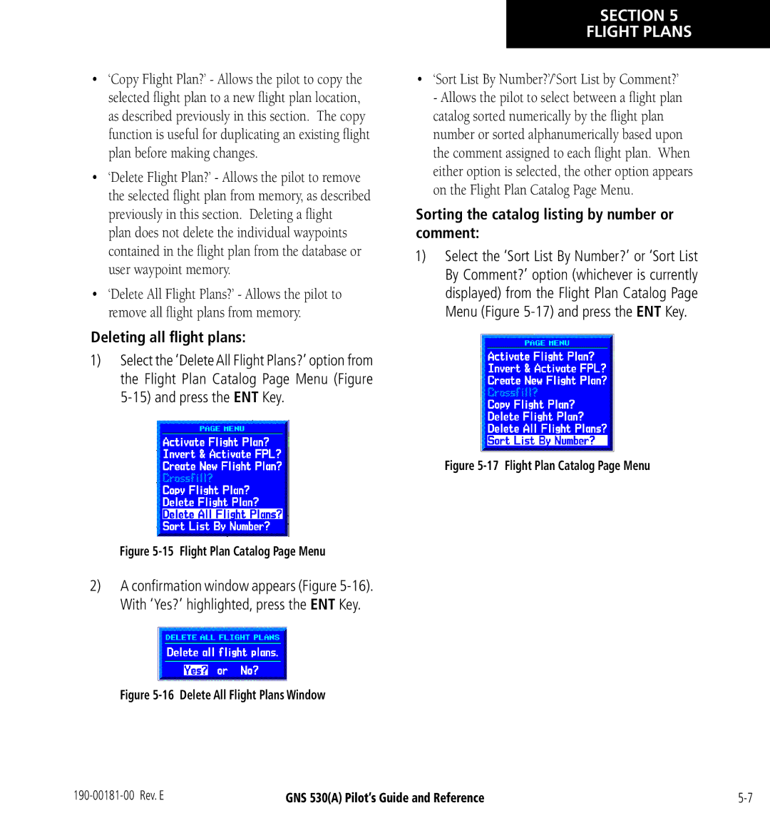 3D Connexion GNS 530(A) manual Deleting all ﬂight plans, Sorting the catalog listing by number or comment 